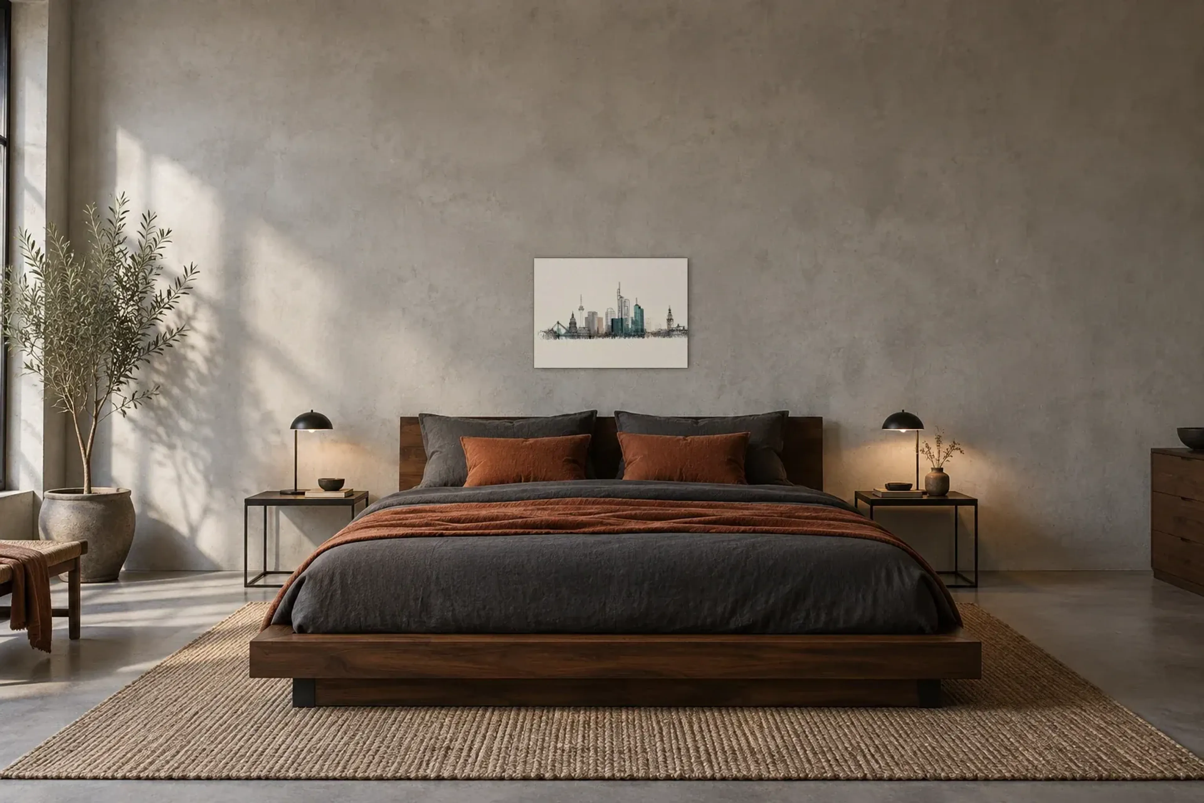 Frankfurt in feinen Linien als Wandbild über einem 180-cm-Bett