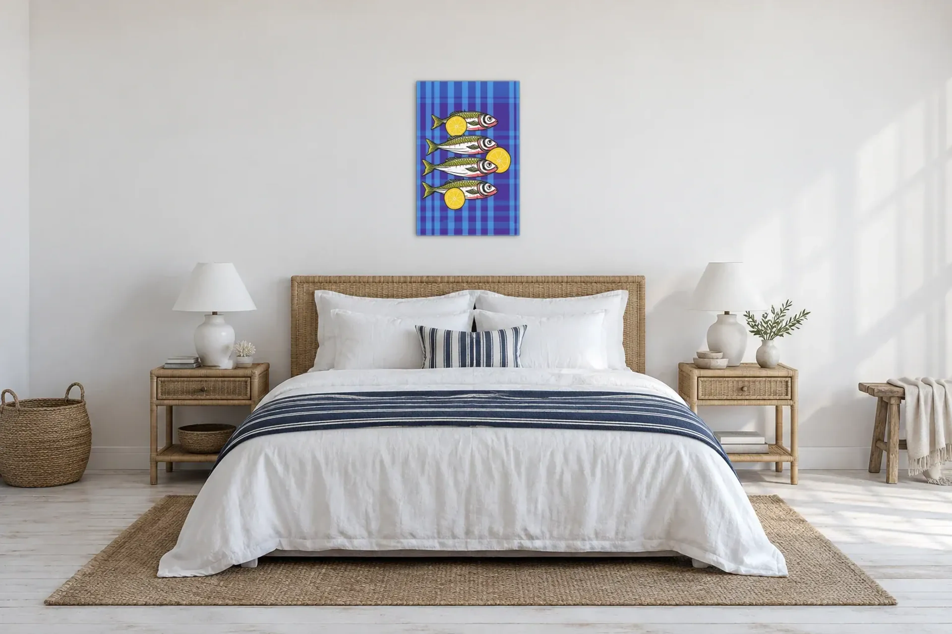 Fische auf Blau als Wandbild über einem 180-cm-Bett
