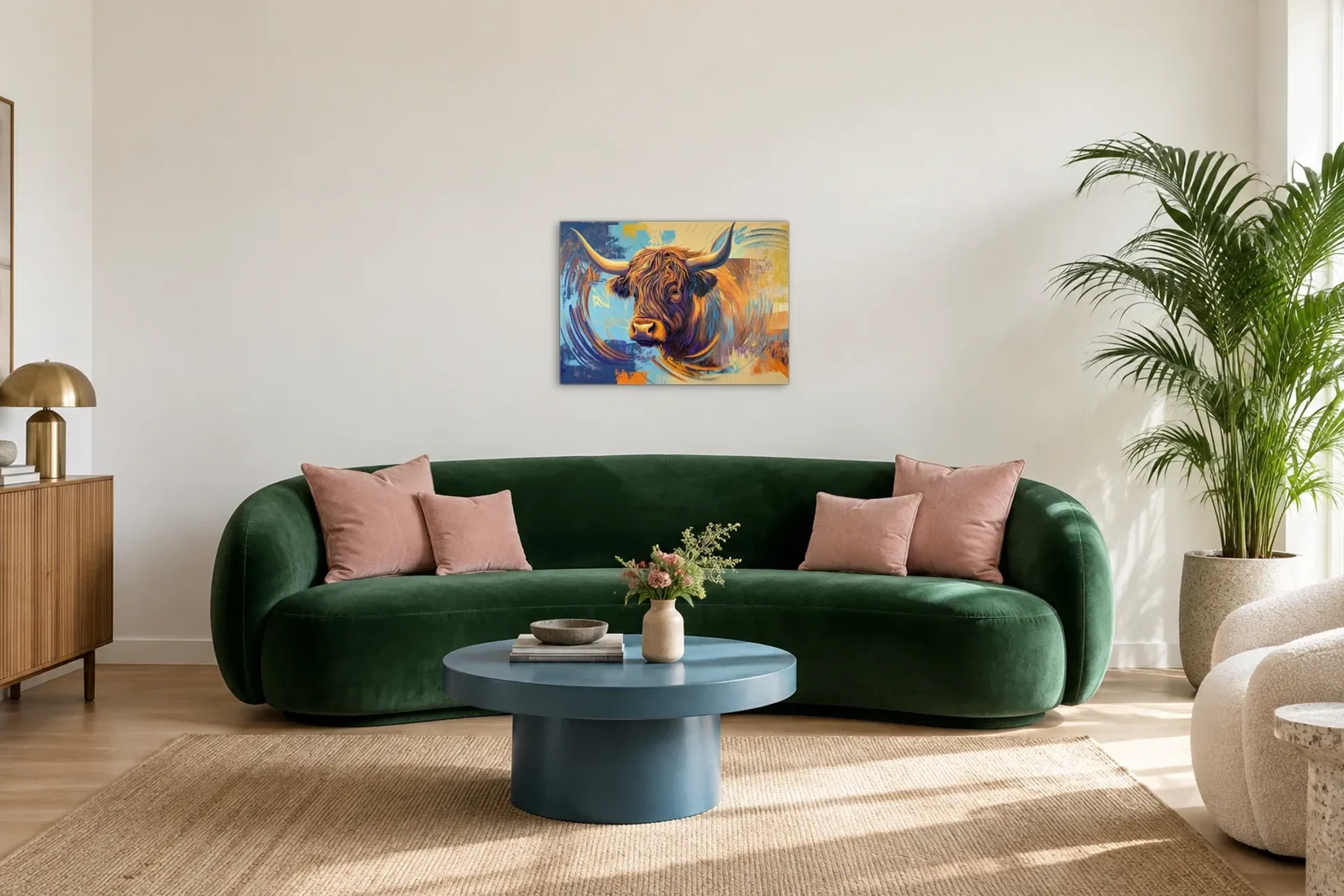 Hochlandrind im Farbschwung als Wandbild über einem 220-cm-Sofa