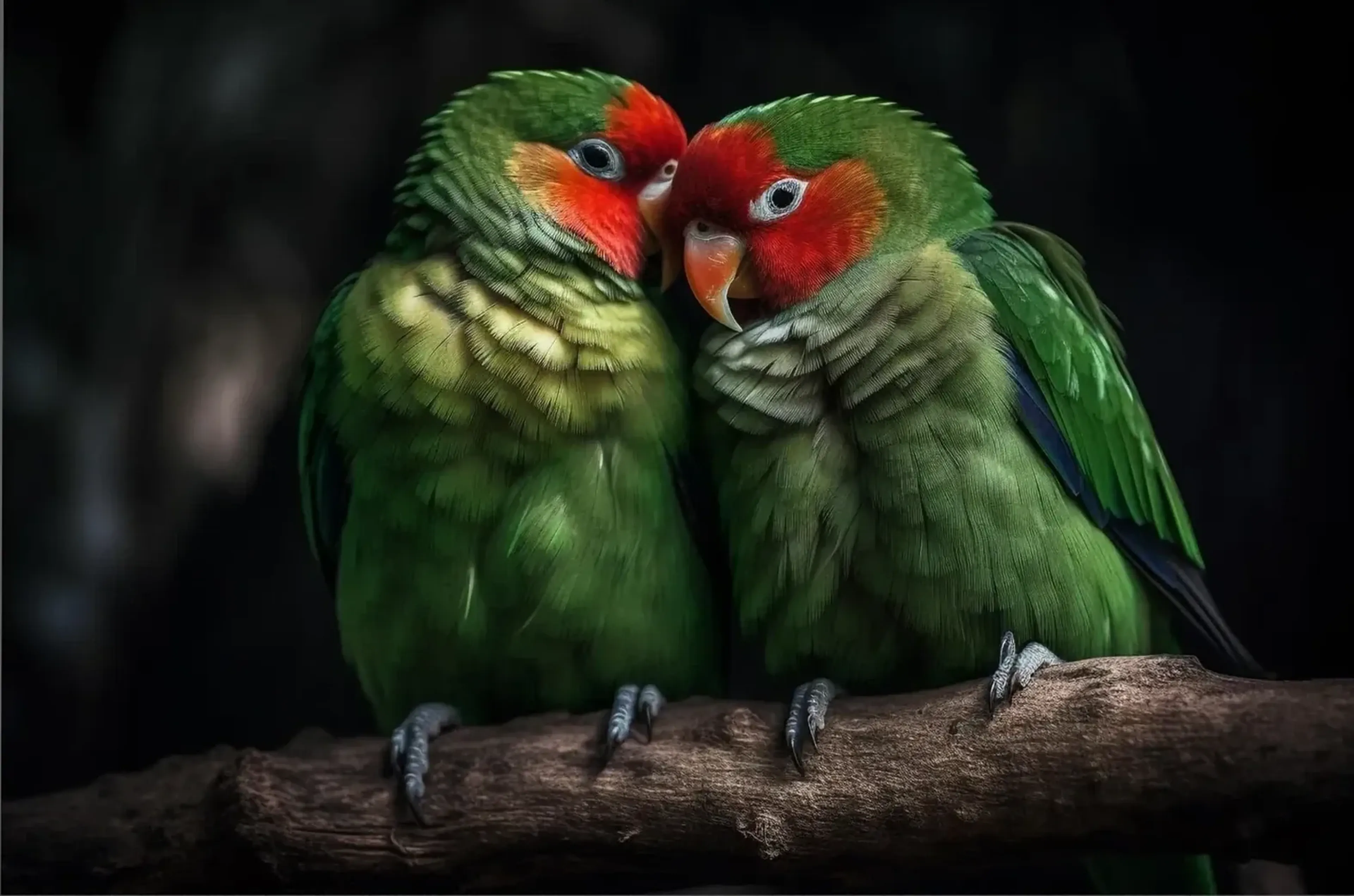 Zwei grüne Papageien mit roten Gesichtern schmiegen sich auf einem Ast vor dunklem Hintergrund aneinander.