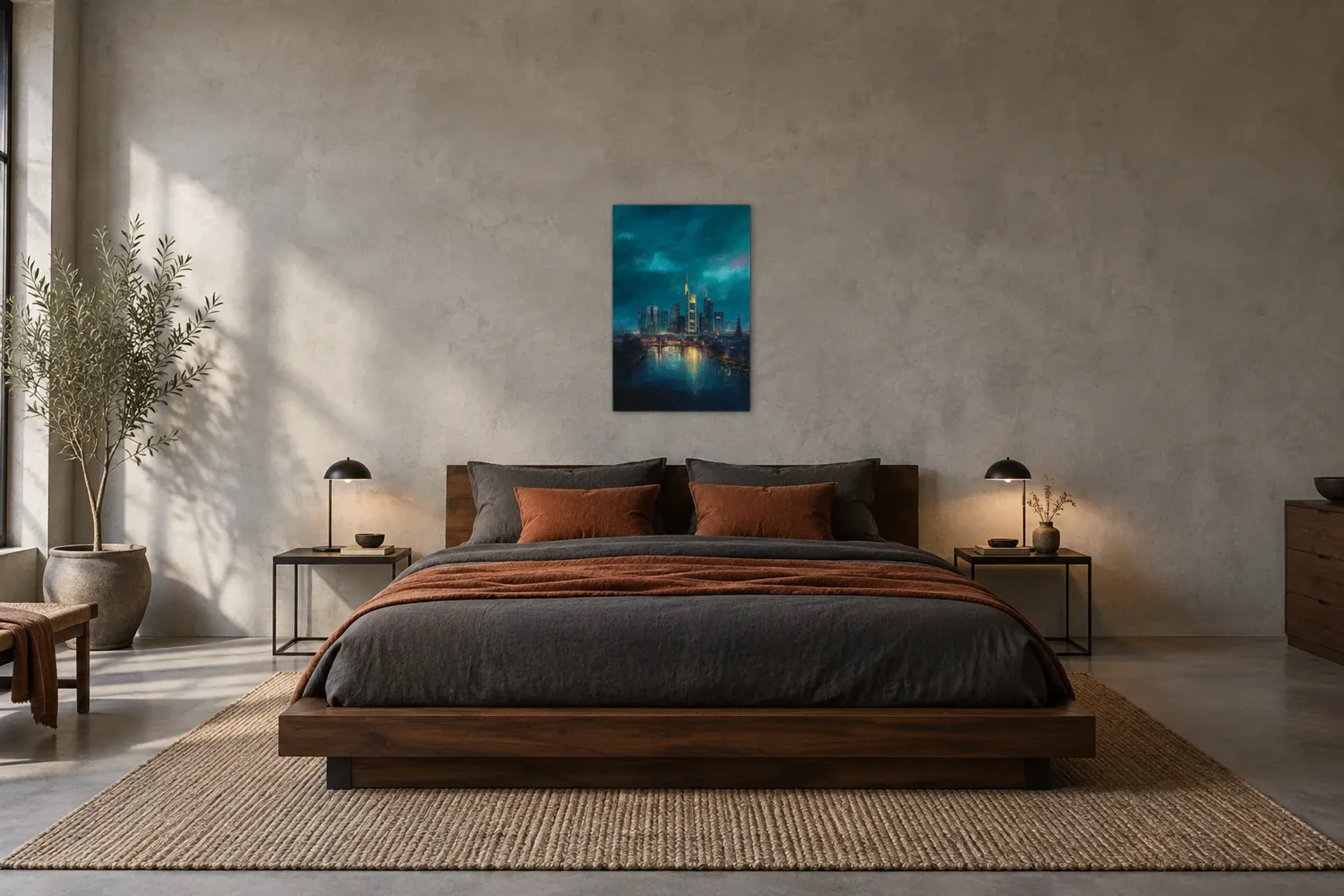 Frankfurt im Petrollicht als Wandbild über einem 180-cm-Bett