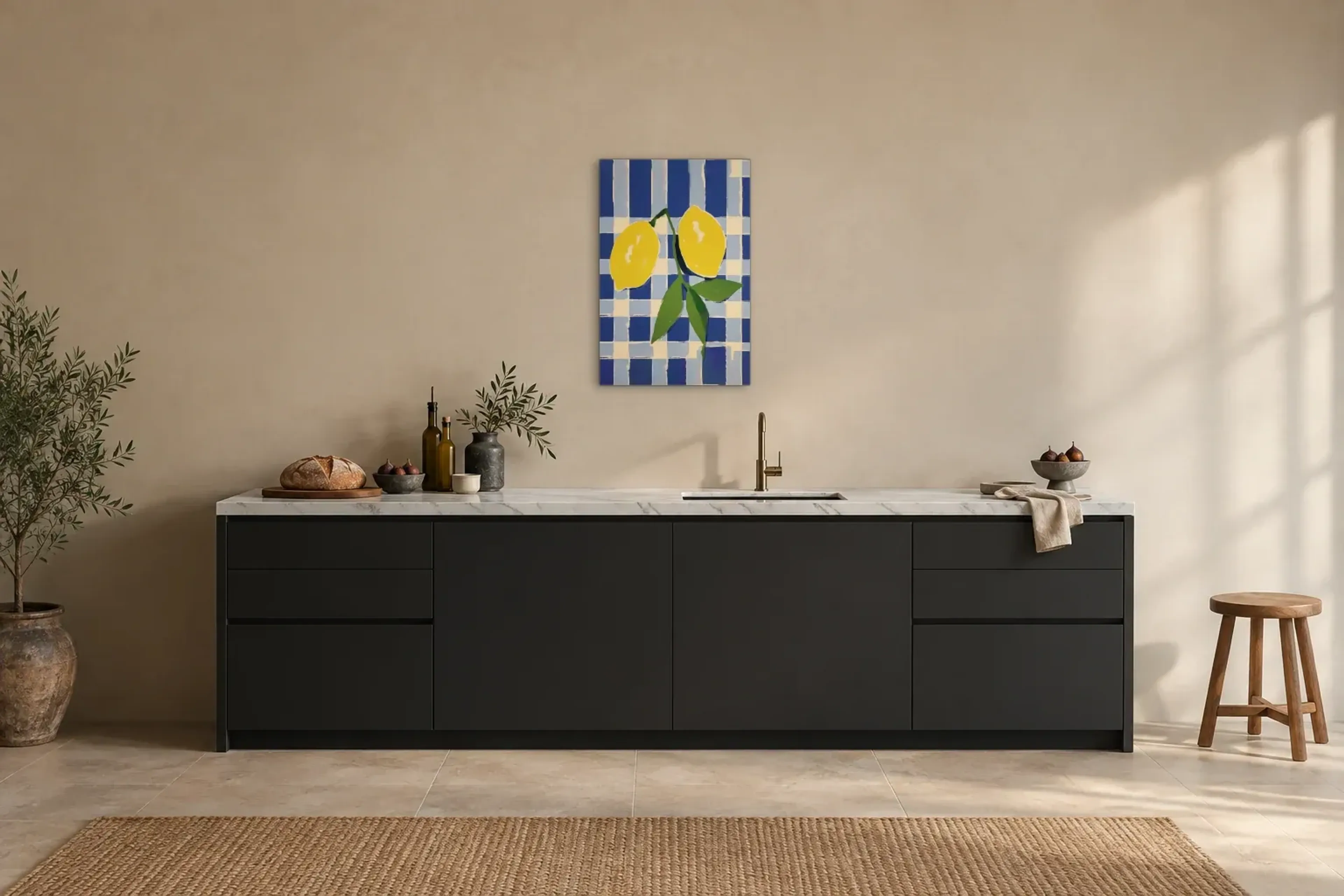 Zitronen auf Blau als Wandbild über einer 200-cm-Arbeitsplatte