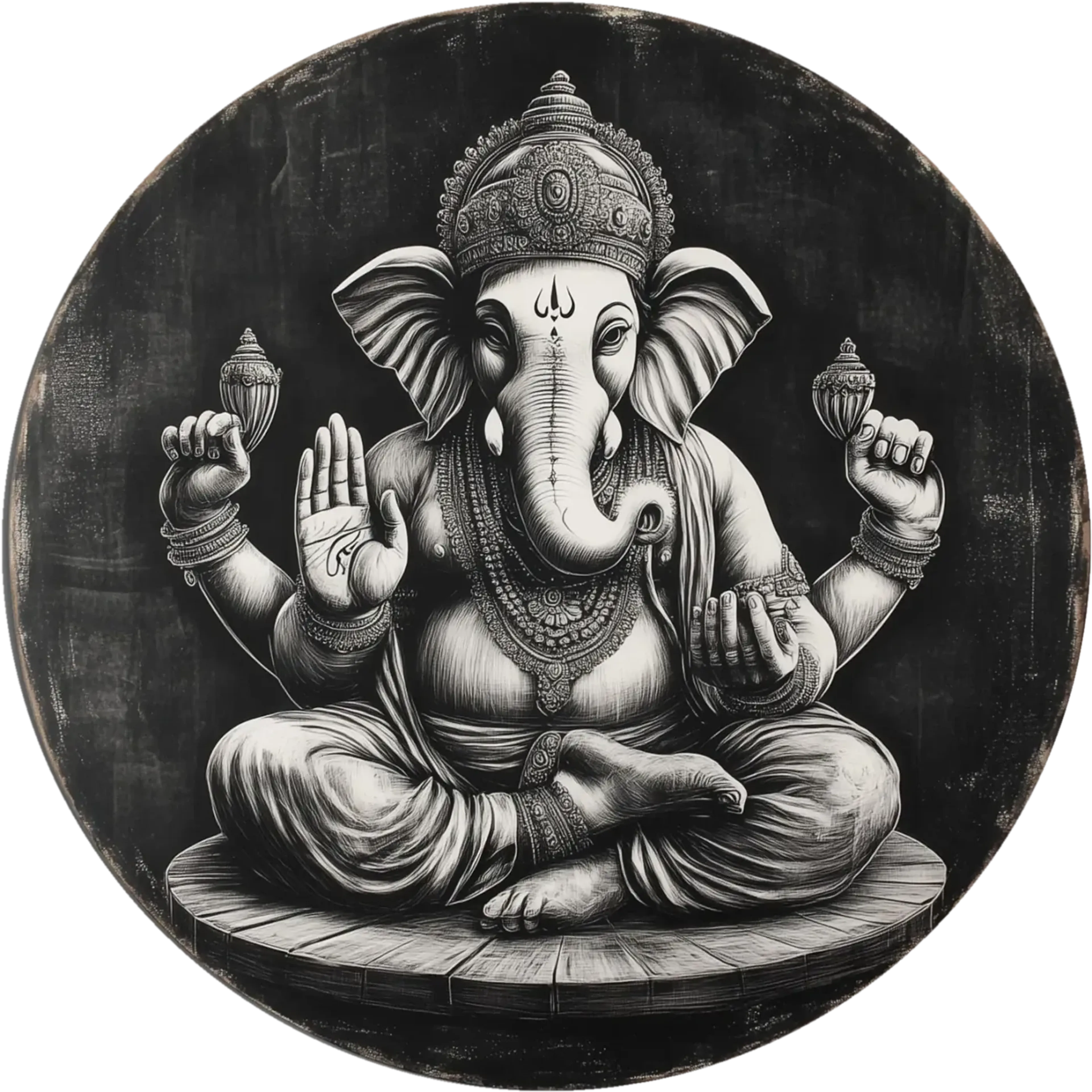 Ganesha mit vier Armen, Elefantenkopf und verzierter Krone in Weiß und Grau auf schwarzem, rundem Hintergrund.