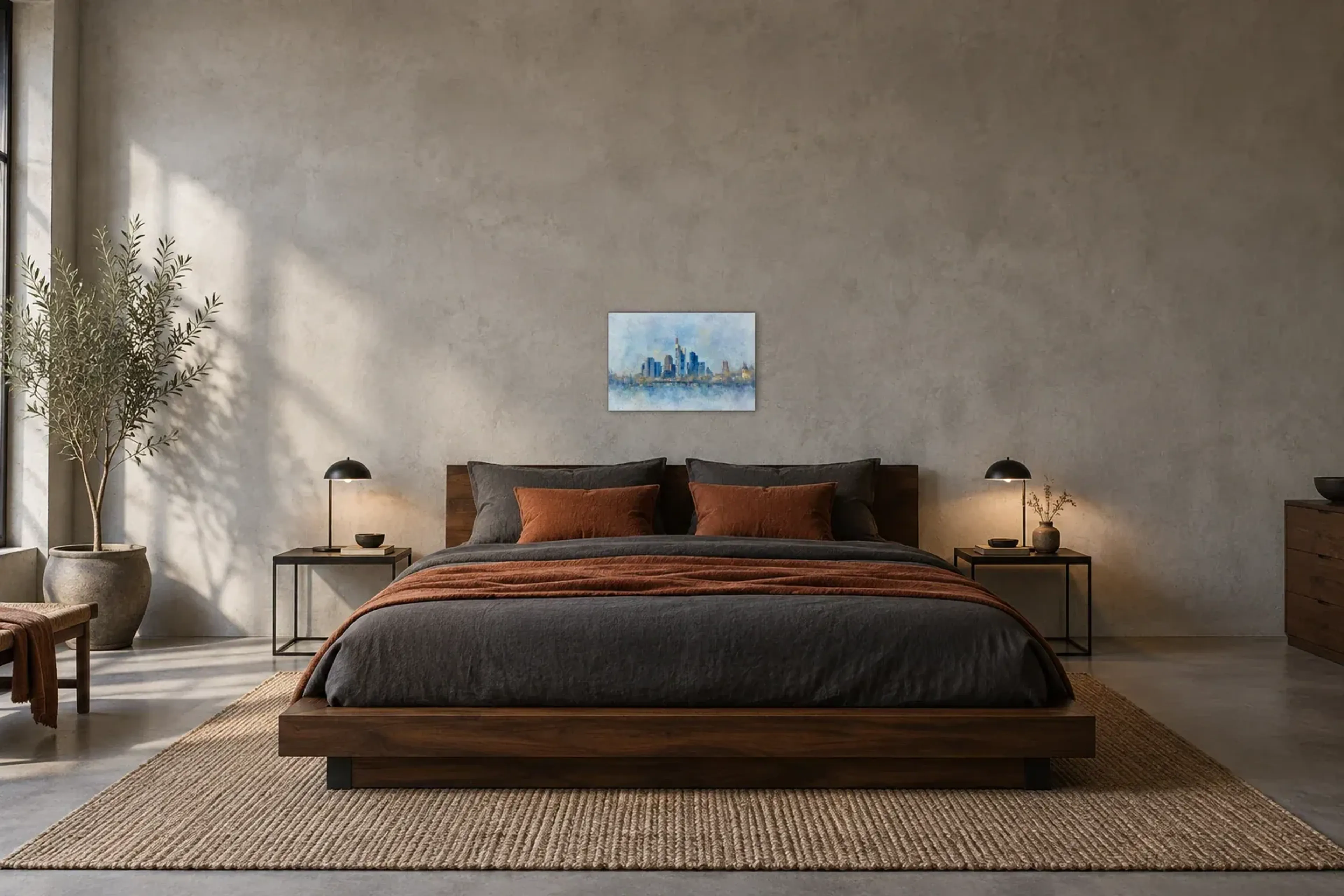 Frankfurt in lichtem Blau als Wandbild über einem 180-cm-Bett