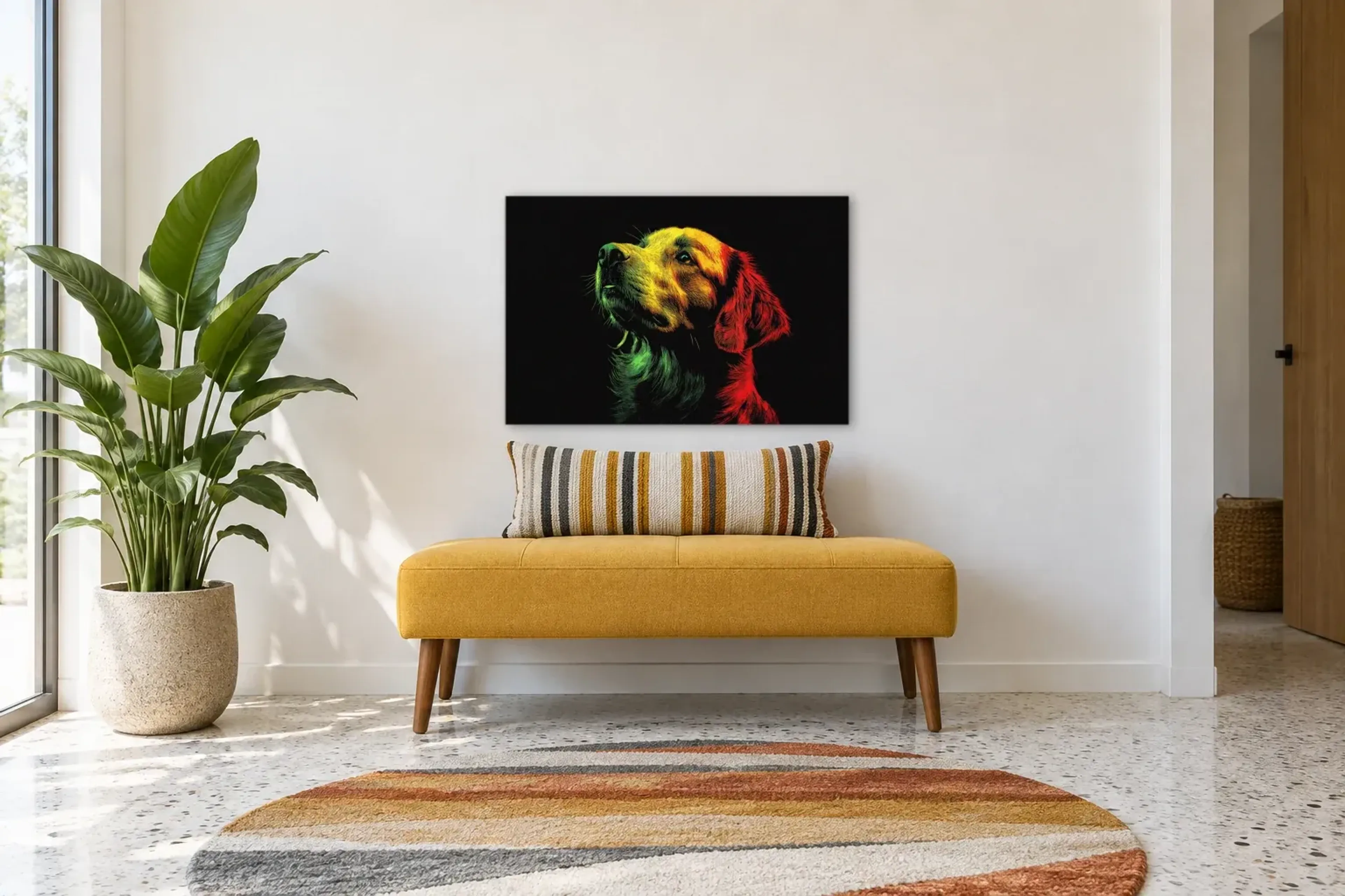 Golden Retriever als Wandbild über einer 120-cm-Bank