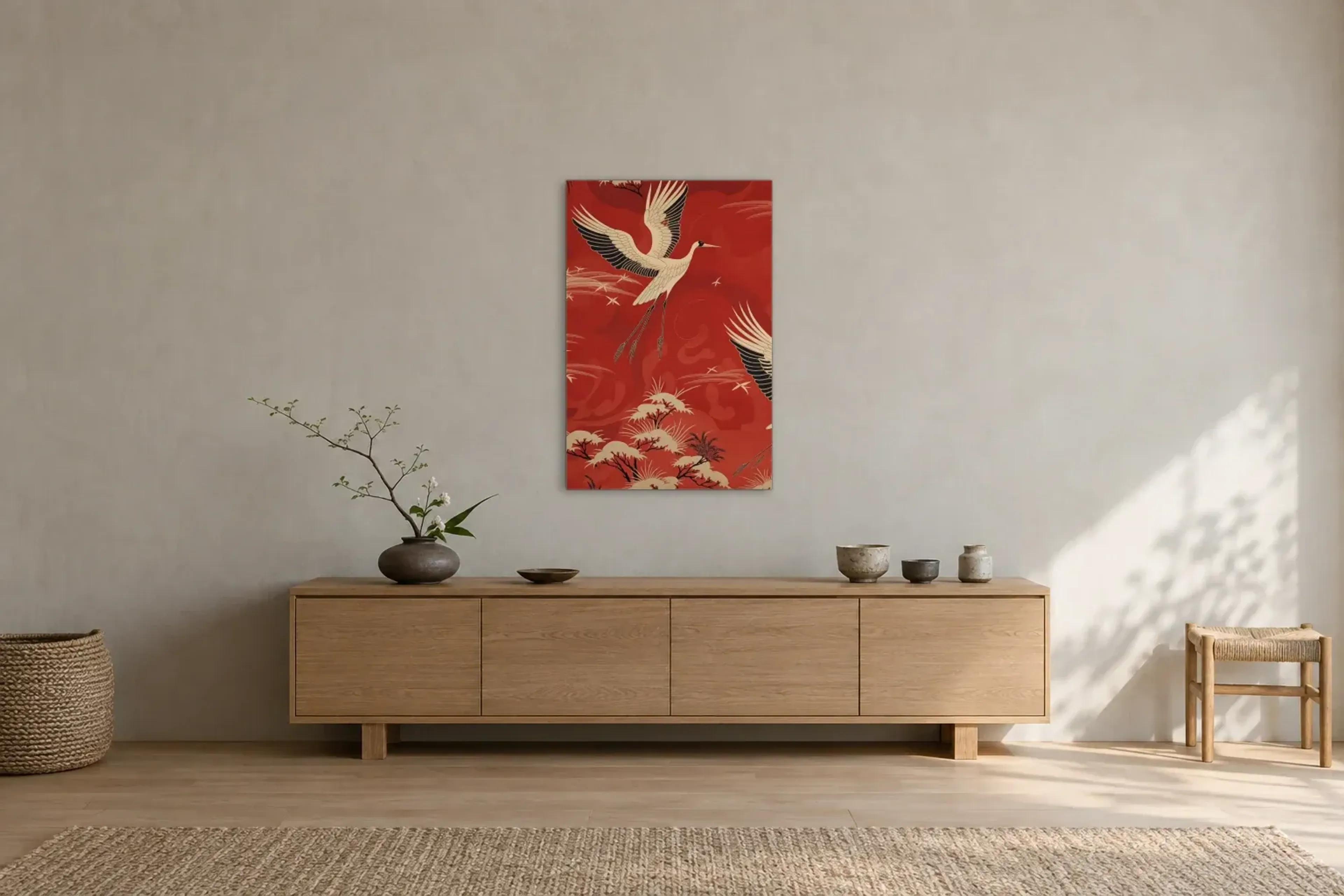 Kraniche auf Rot als Wandbild über einem 180-cm-Sideboard