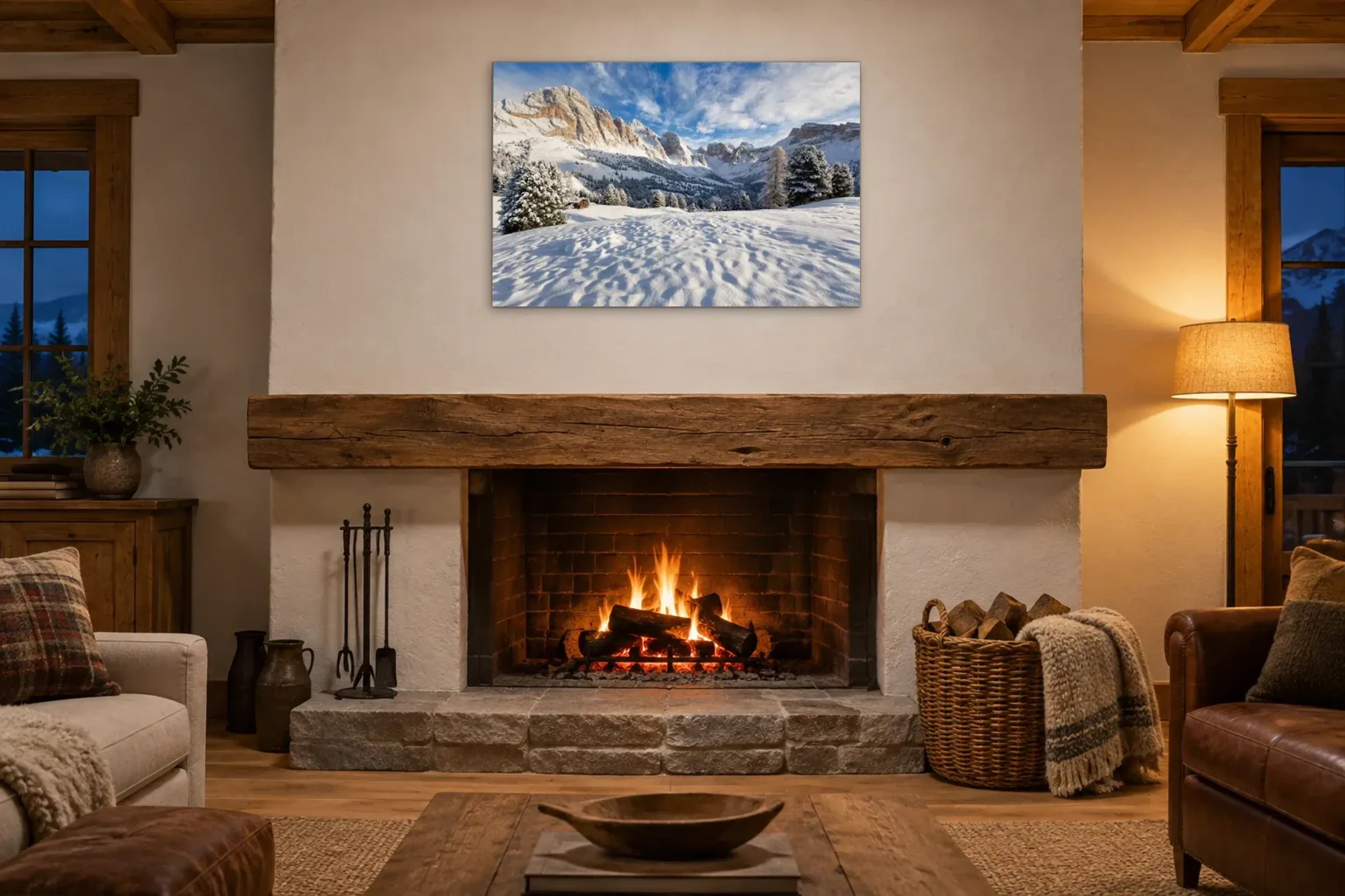 Bergtal im Schnee als Wandbild über einem 180-cm-Kaminsims