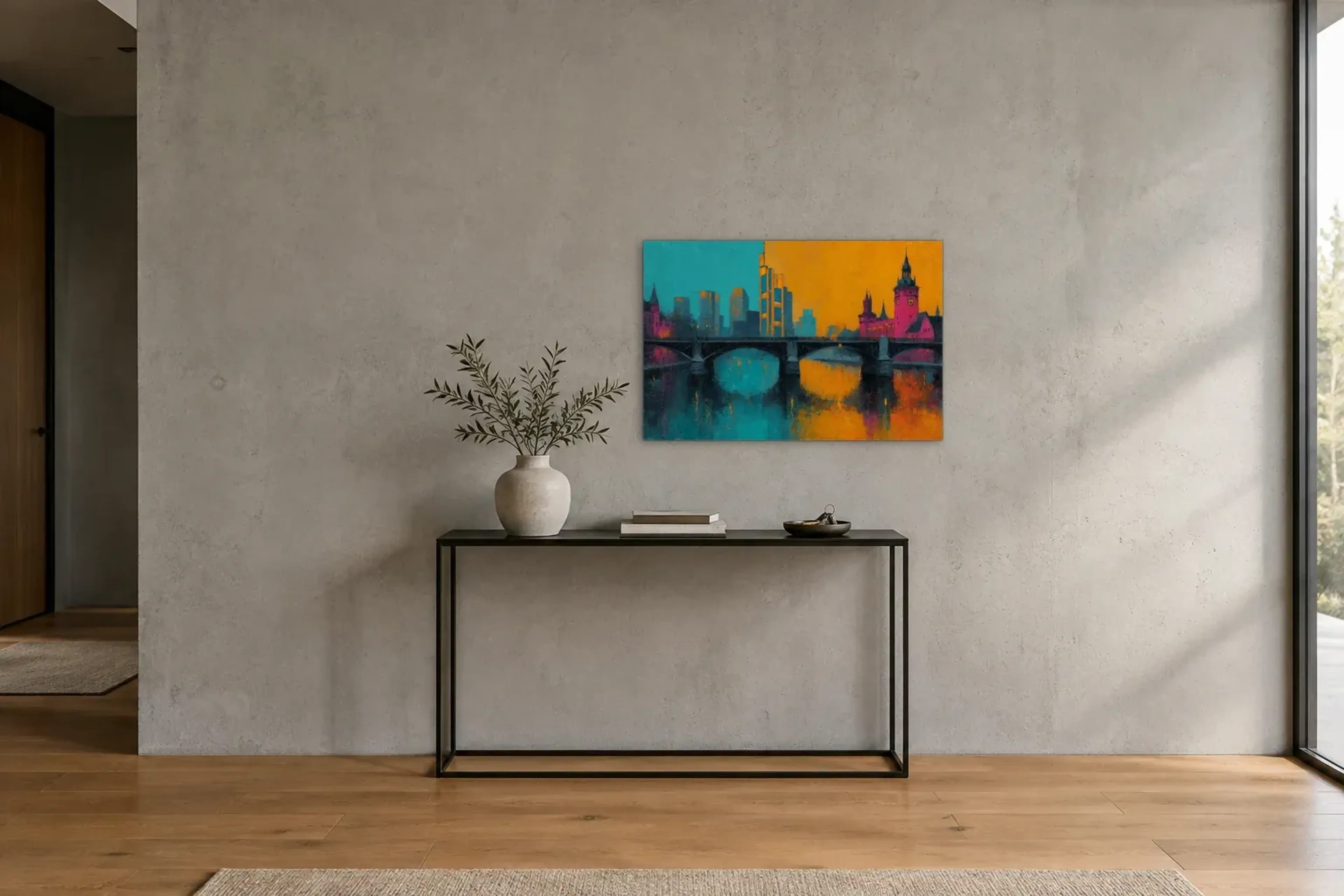 Frankfurt in Türkis und Orange als Wandbild über einer 120-cm-Konsole
