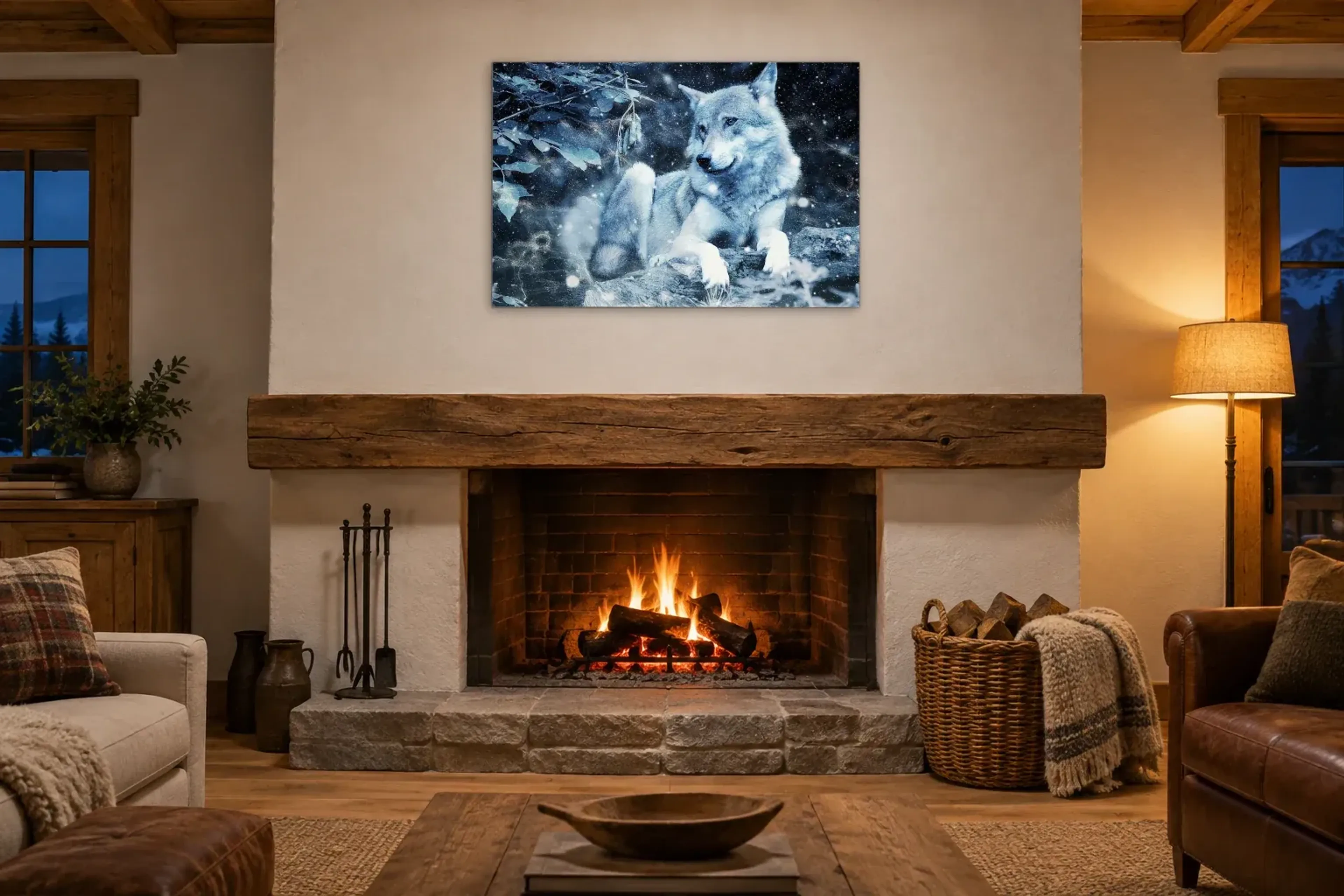 Wolf im Schneegestöber als Wandbild über einem 180-cm-Kaminsims