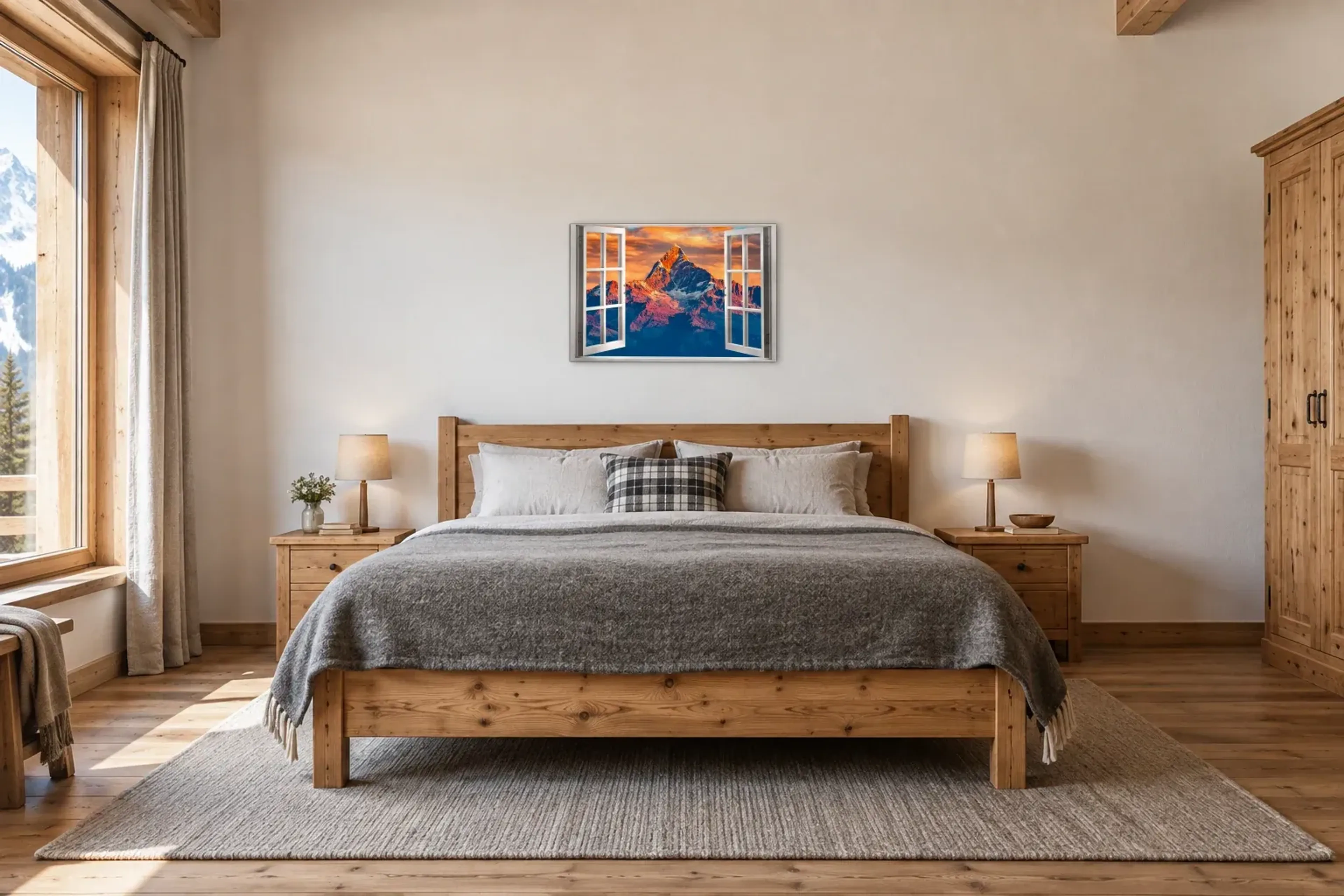 Gipfel im Abendlicht als Wandbild über einem 180-cm-Bett