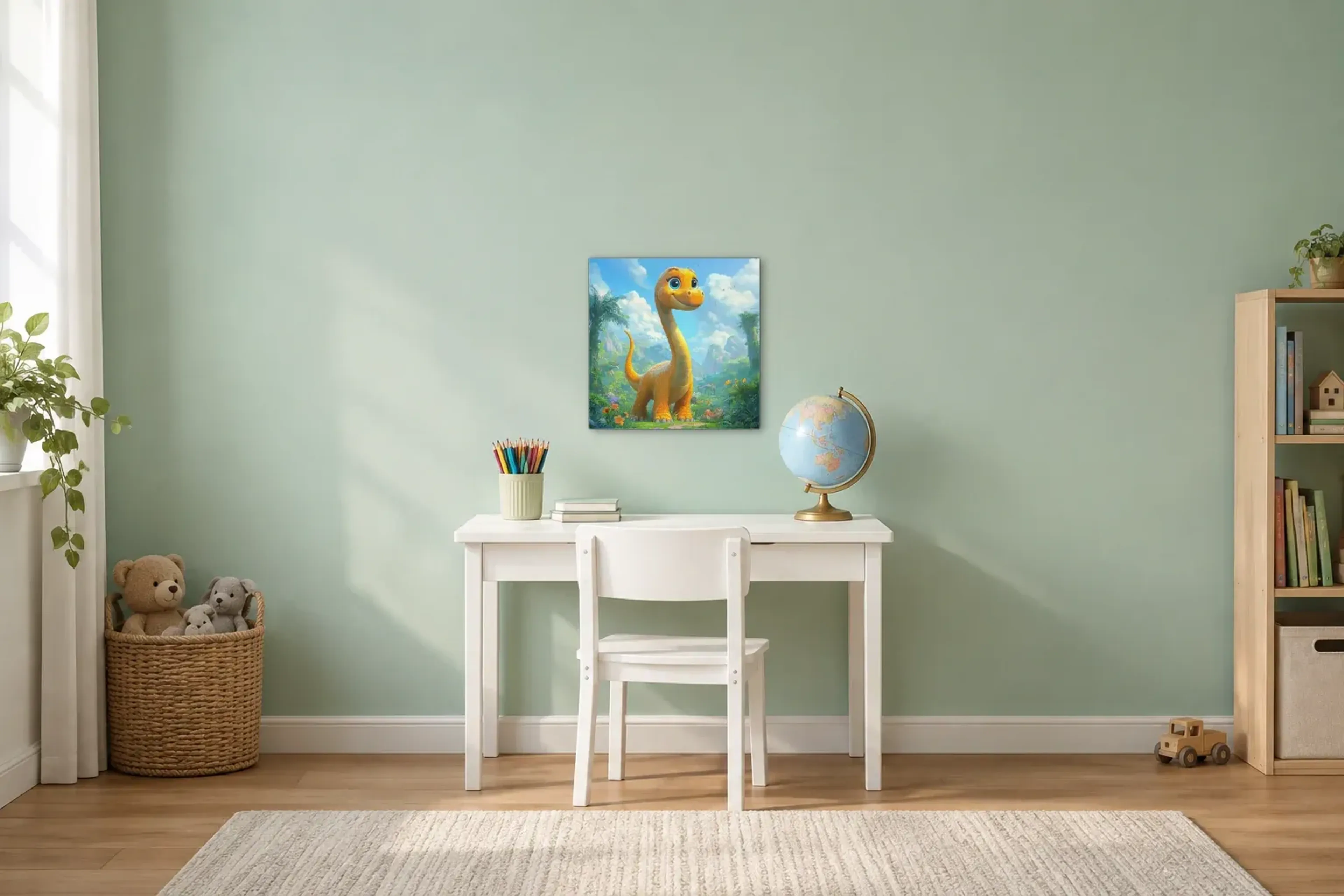 Goldgelber Langhals im Blumental als Wandbild über einem 110-cm-Kinderschreibtisch