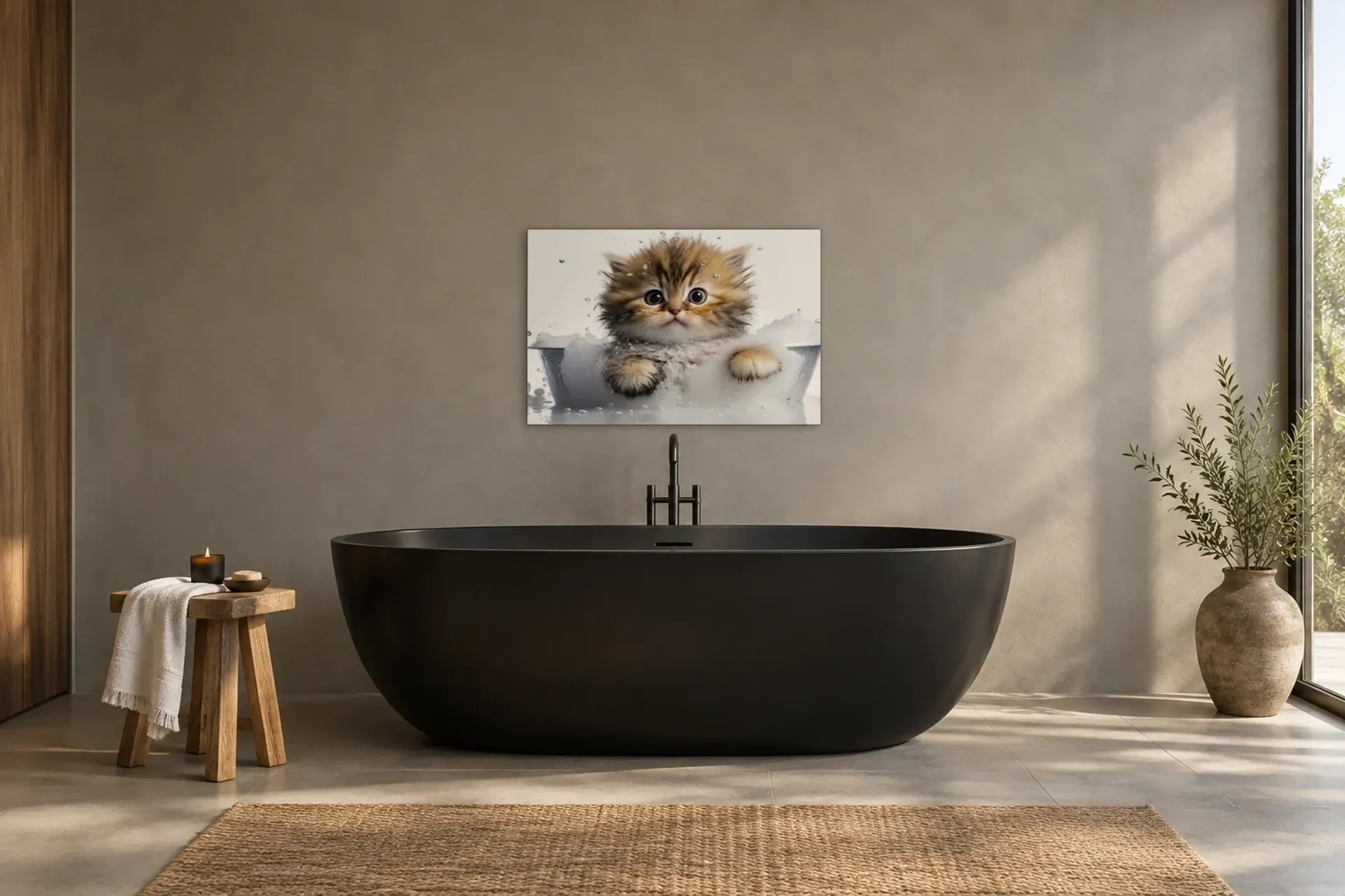 Kätzchen im Schaumbad als Wandbild über einer 170-cm-Badewanne