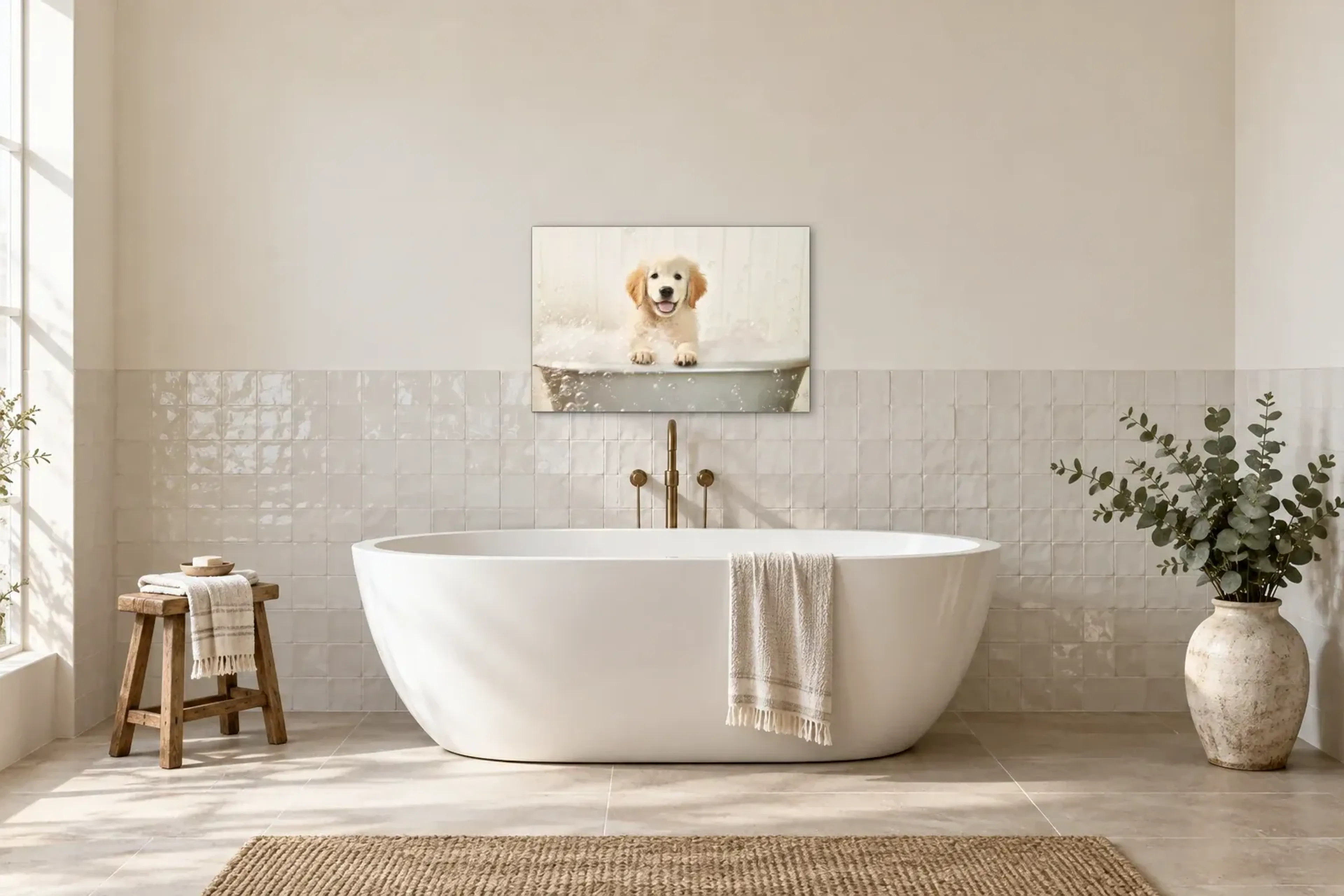 Golden Retriever als Wandbild über einer 170-cm-Badewanne