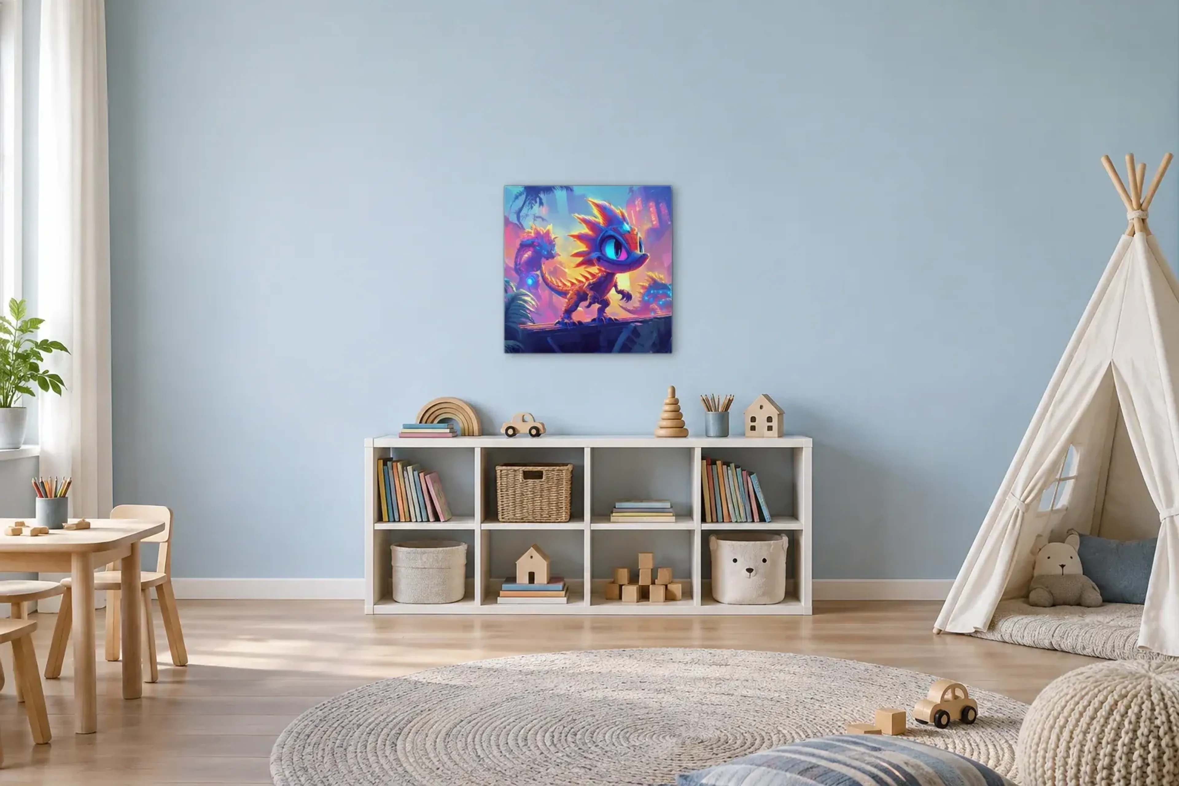Dino im Neonlicht als Wandbild über einem 120-cm-Spielregal