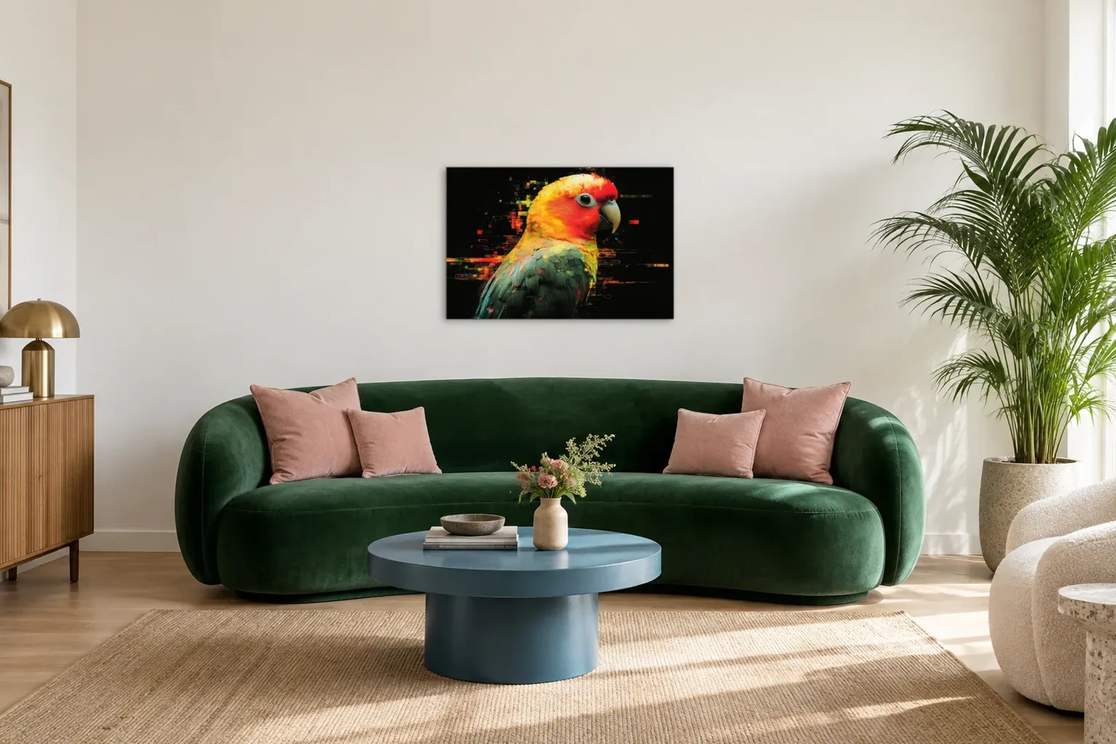 Papagei als Wandbild über einem 220-cm-Sofa