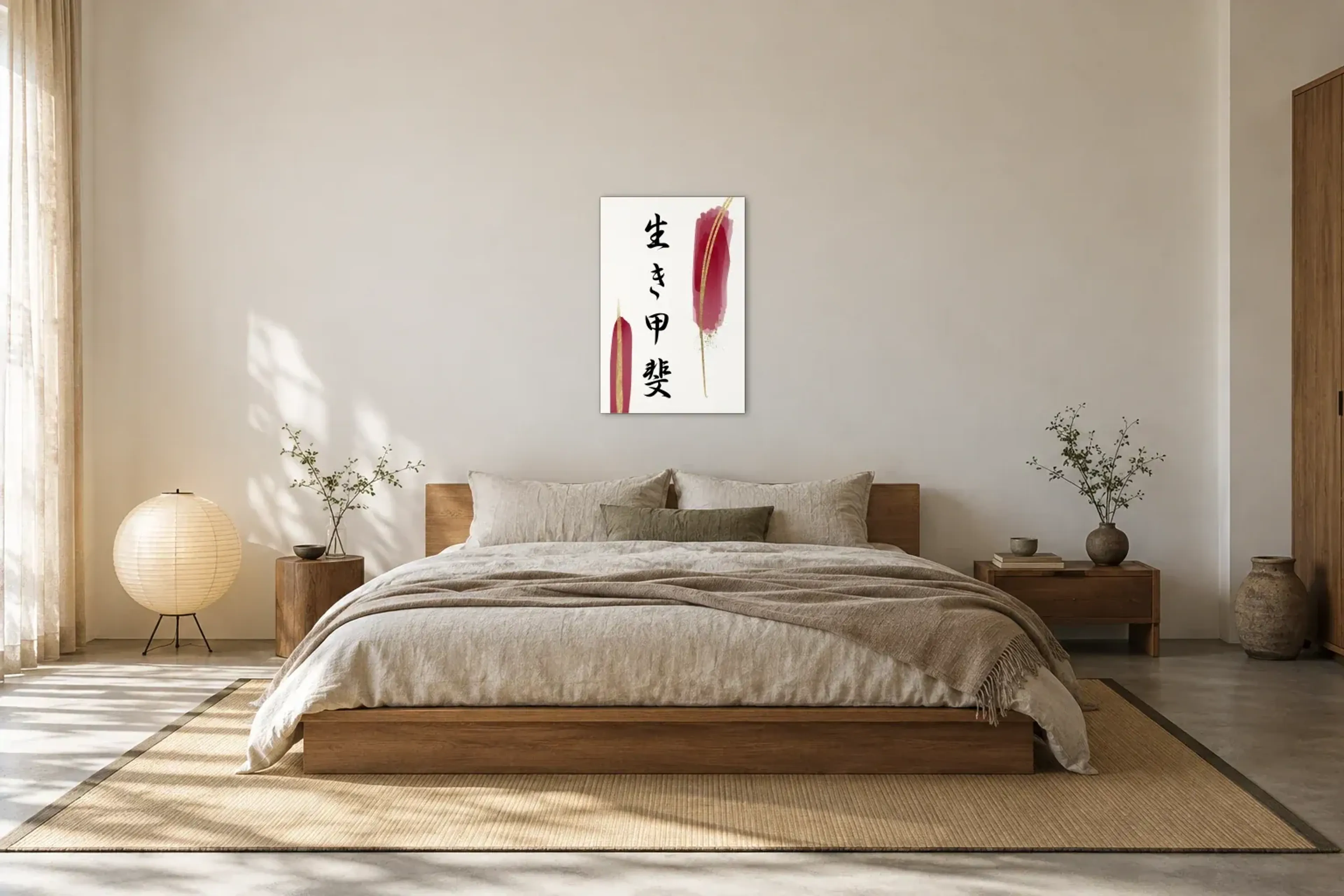 Schrift zwischen Rot und Gold als Wandbild über einem 180-cm-Bett