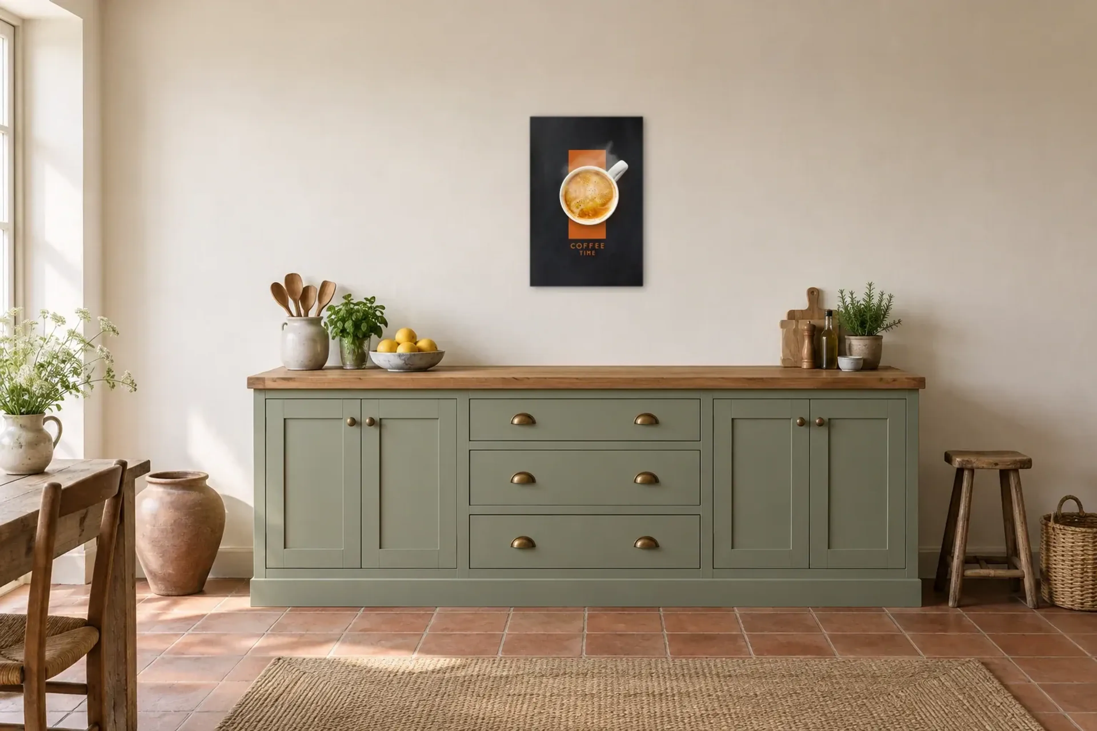 Coffee Time als Wandbild über einer 200-cm-Arbeitsplatte