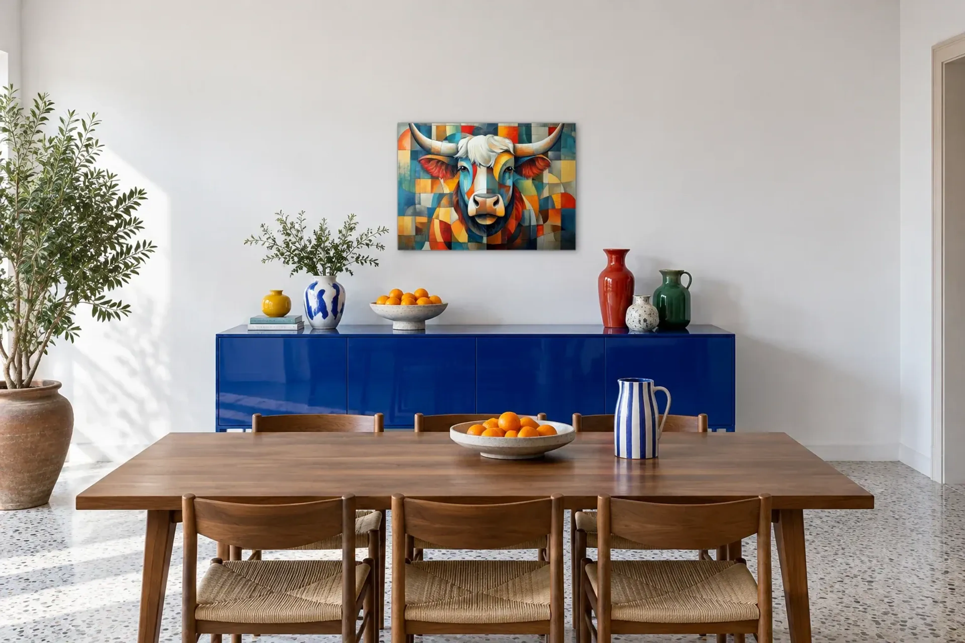 Hochlandrind mit weißem Schopf als Wandbild über einem 180-cm-Sideboard