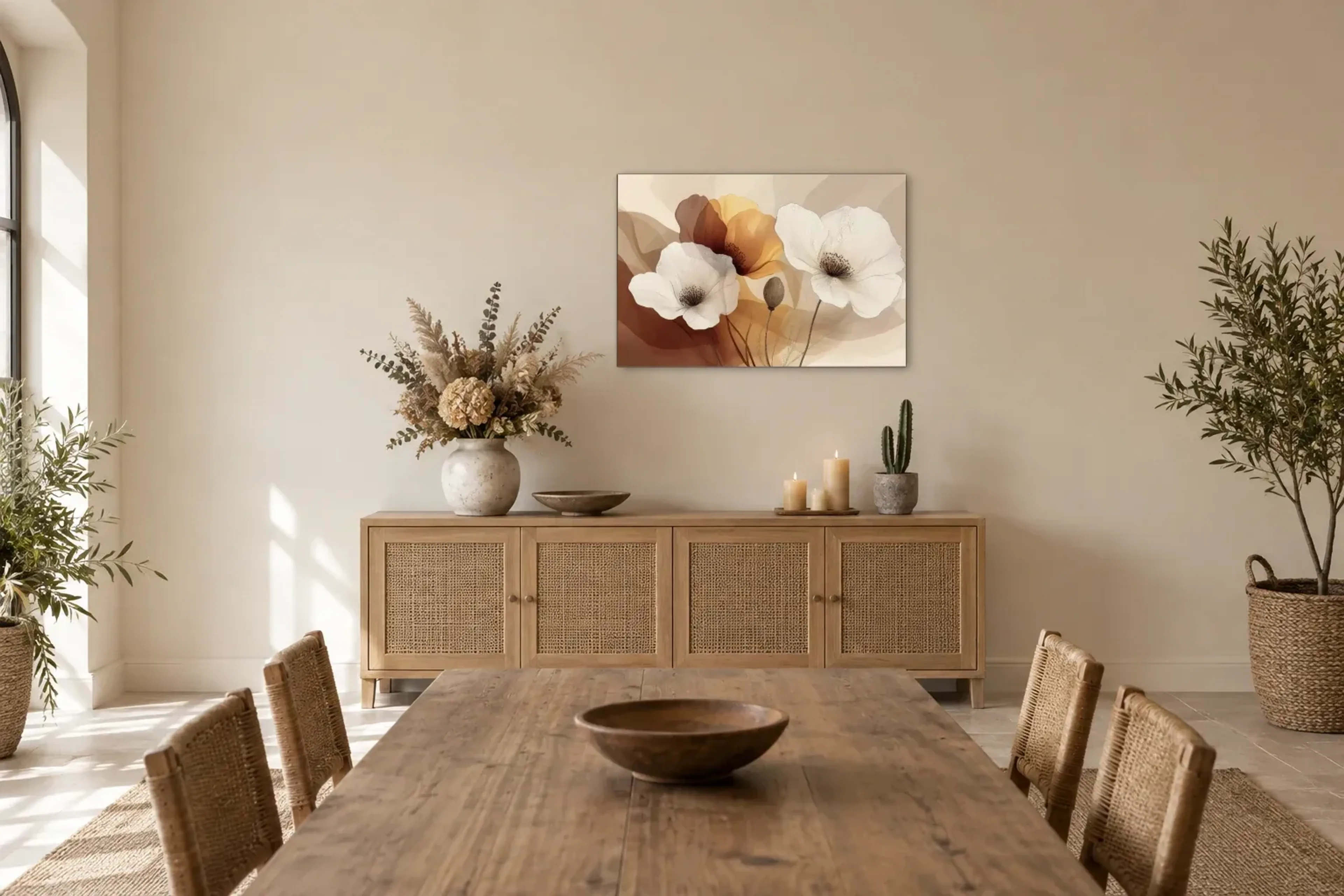Blüten Braun als Wandbild über einem 160-cm-Sideboard
