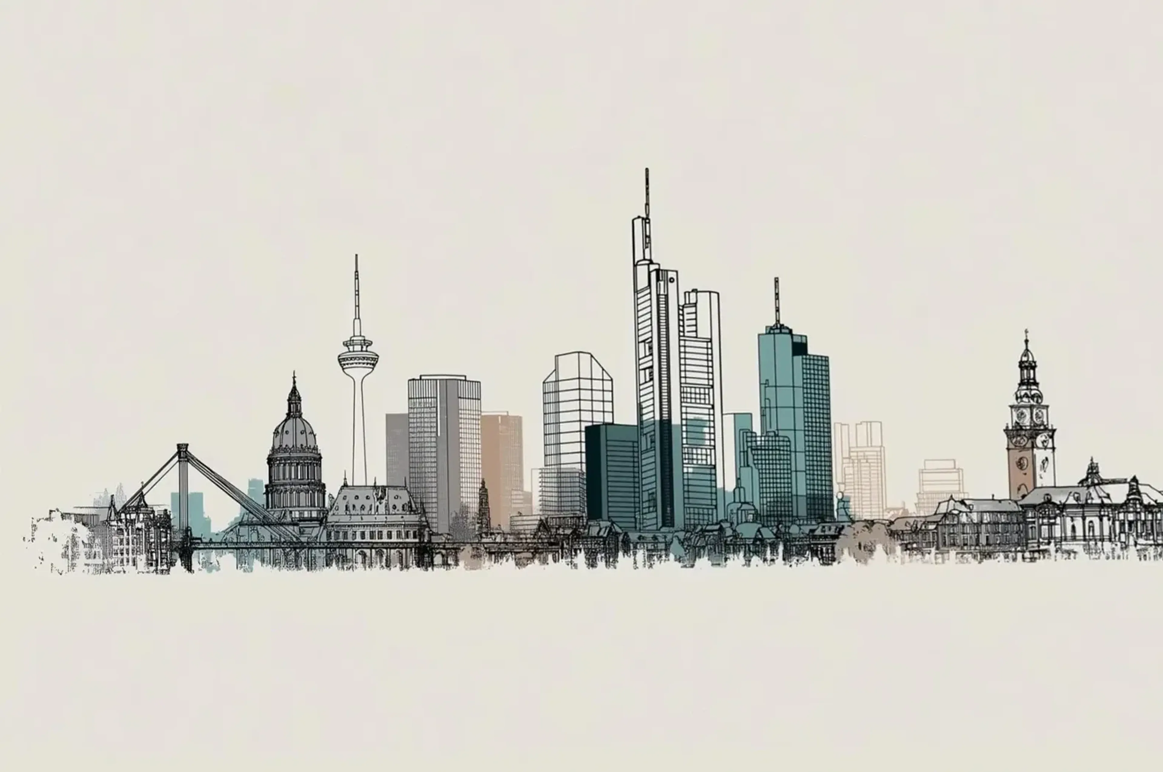 Gezeichnete Stadtsilhouette mit Hochhäusern, Türmen und Brücke in Schwarz, Petrol und Beige auf cremefarbenem Grund.