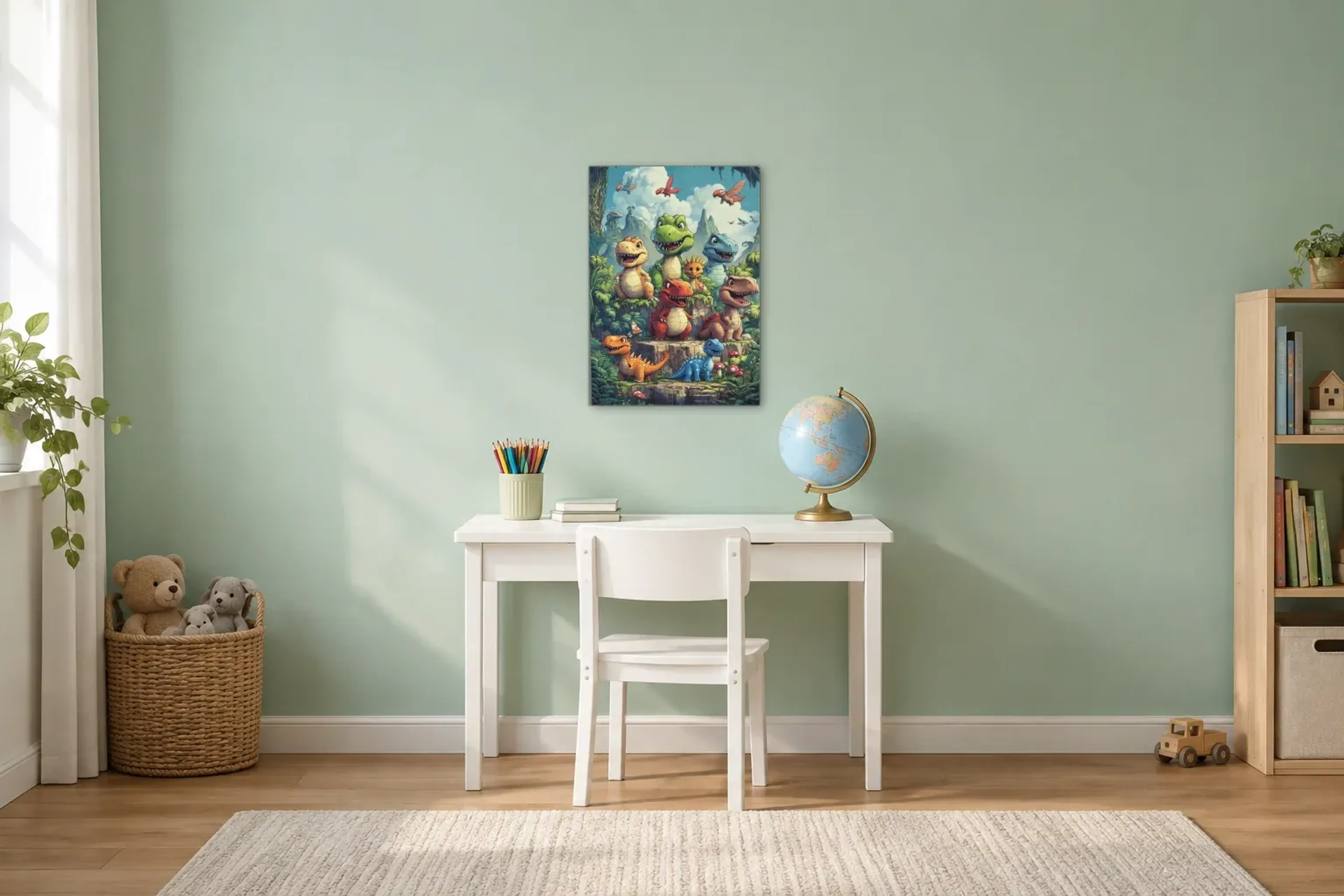 Dinofreunde auf Felsterrassen als Wandbild über einem 110-cm-Kinderschreibtisch