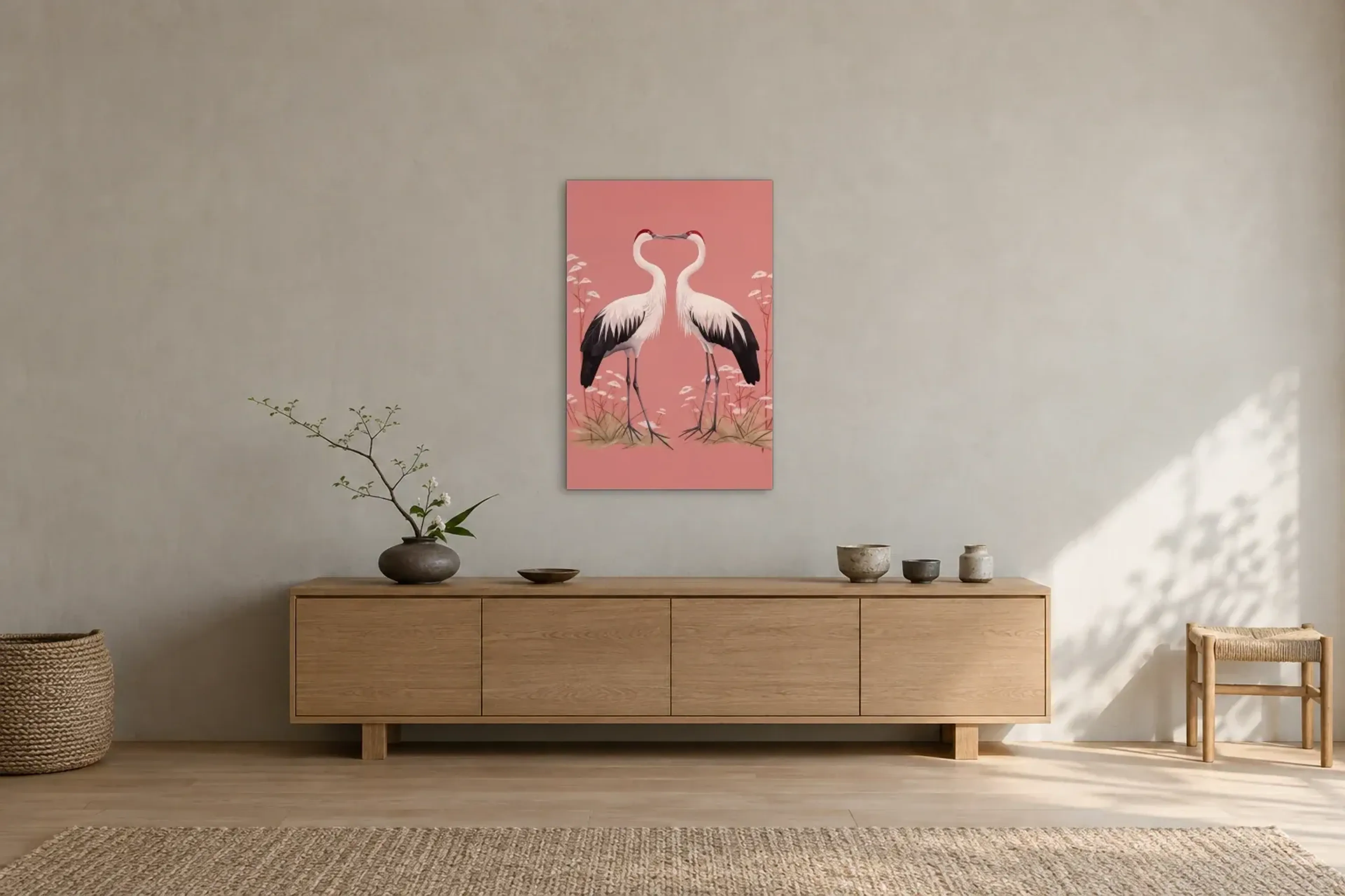 Vogelpaar auf Rosa als Wandbild über einem 180-cm-Sideboard