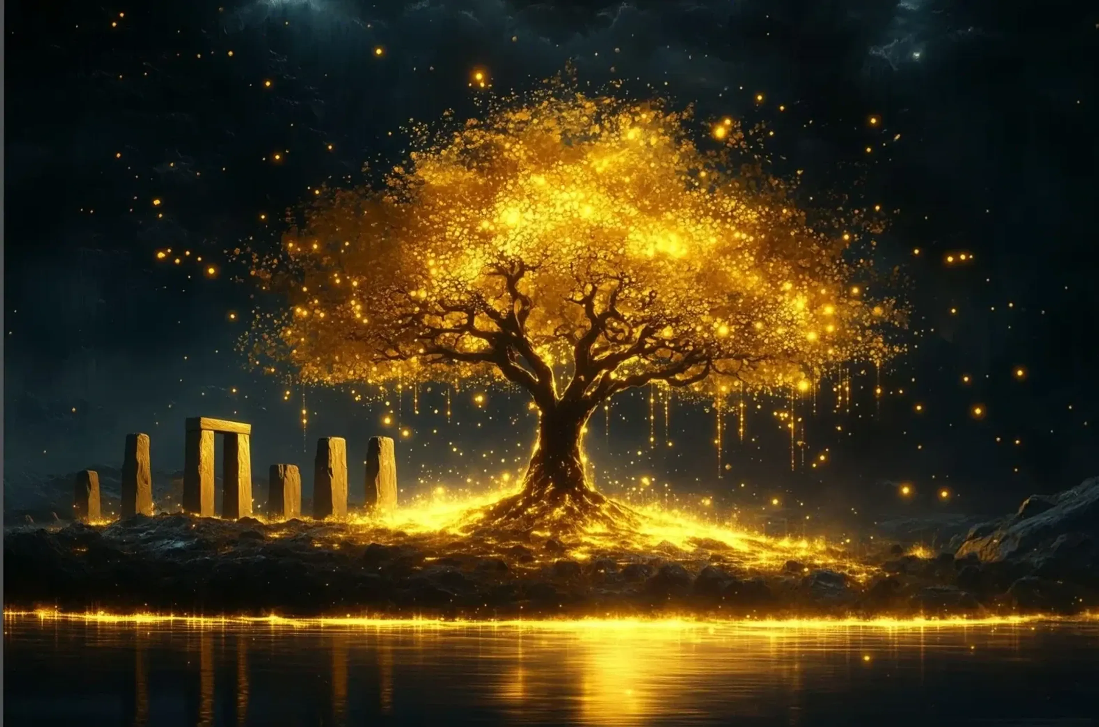 Ein goldener Baum steht neben aufrechten Steinen und einem Steintor auf einer Insel im dunklen Wasser.