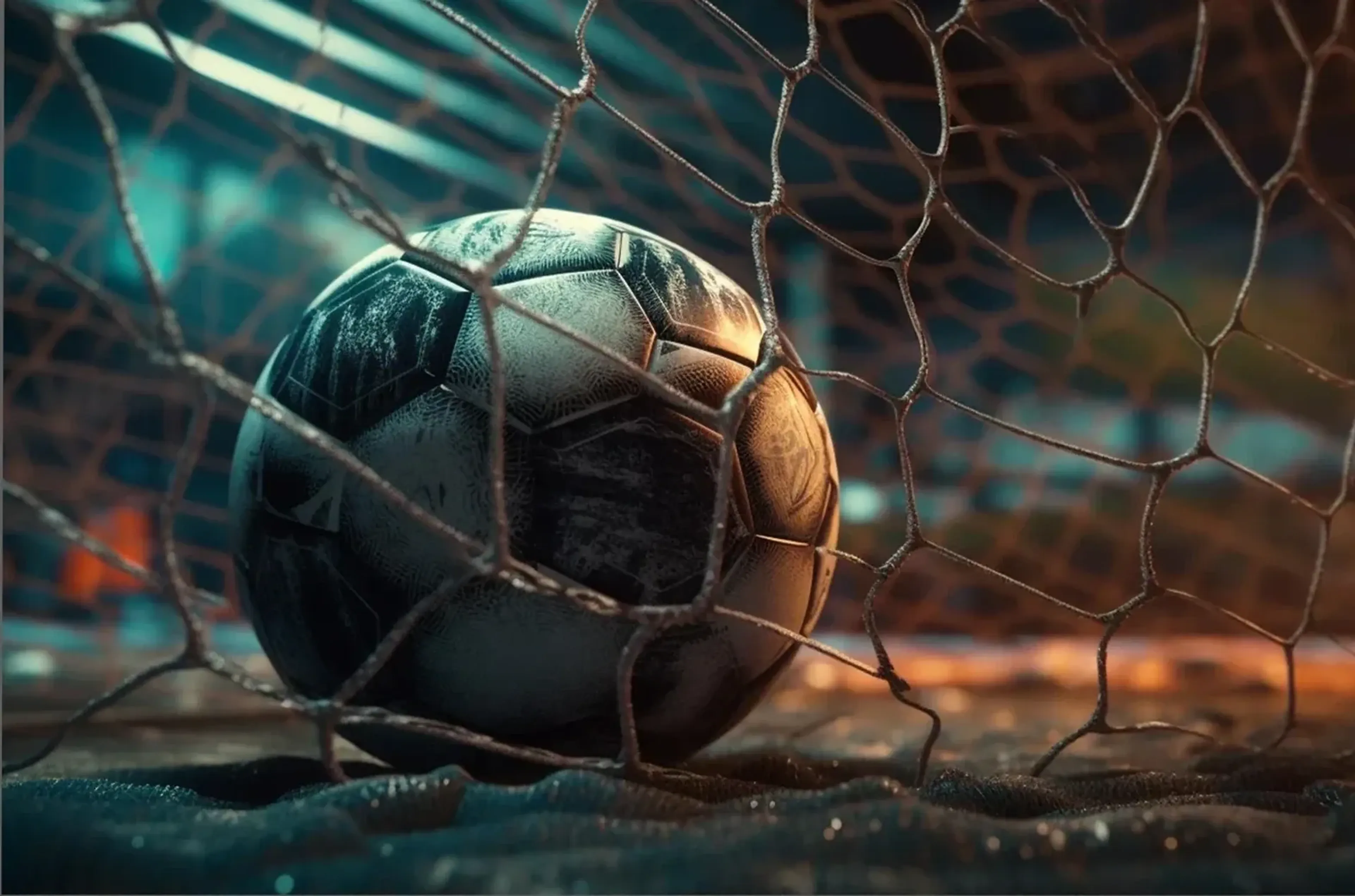 Ein abgenutzter schwarz-weißer Fußball liegt im Tornetz, beleuchtet von türkisem und orangefarbenem Licht.