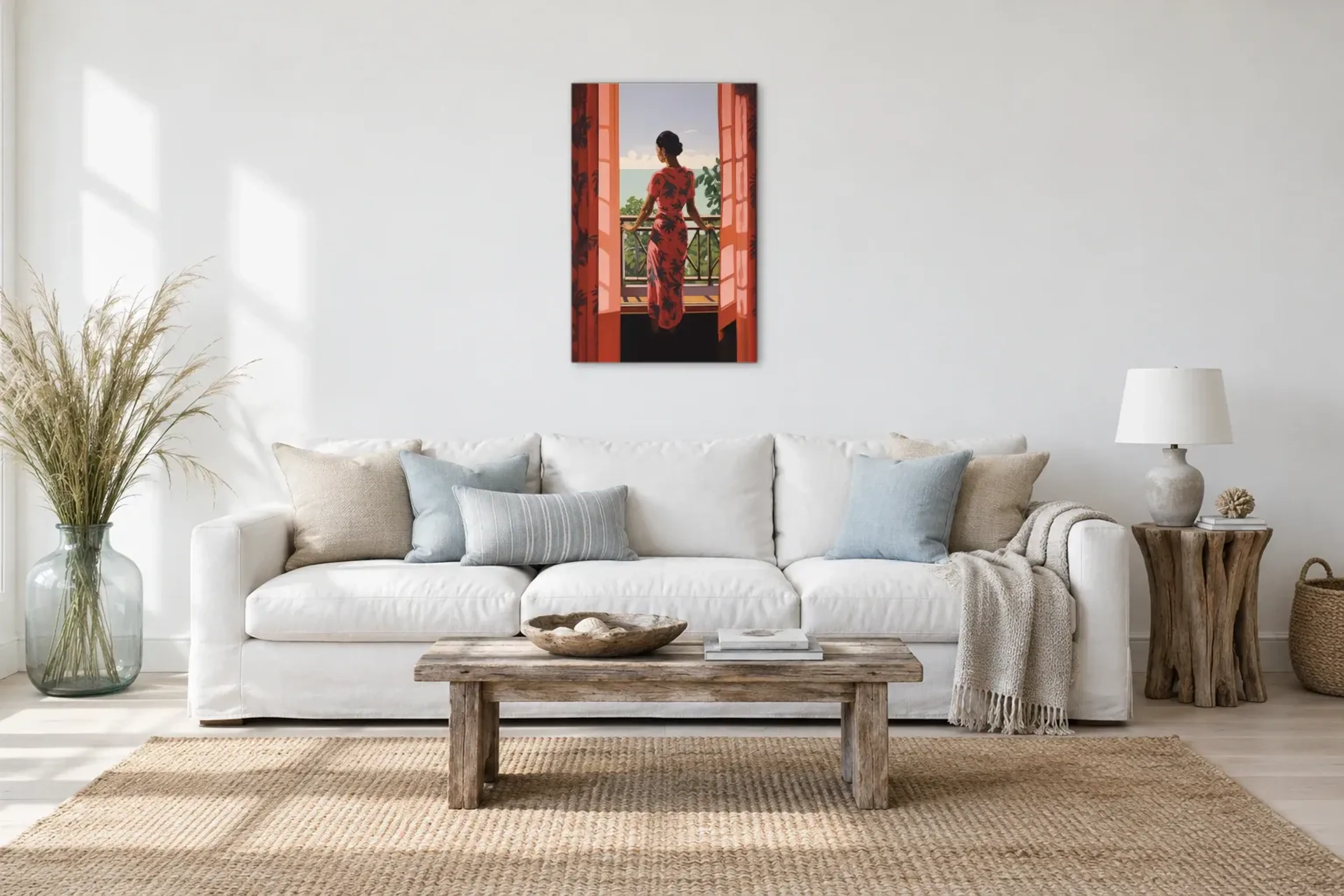 Frau am Balkongeländer als Wandbild über einem 220-cm-Sofa