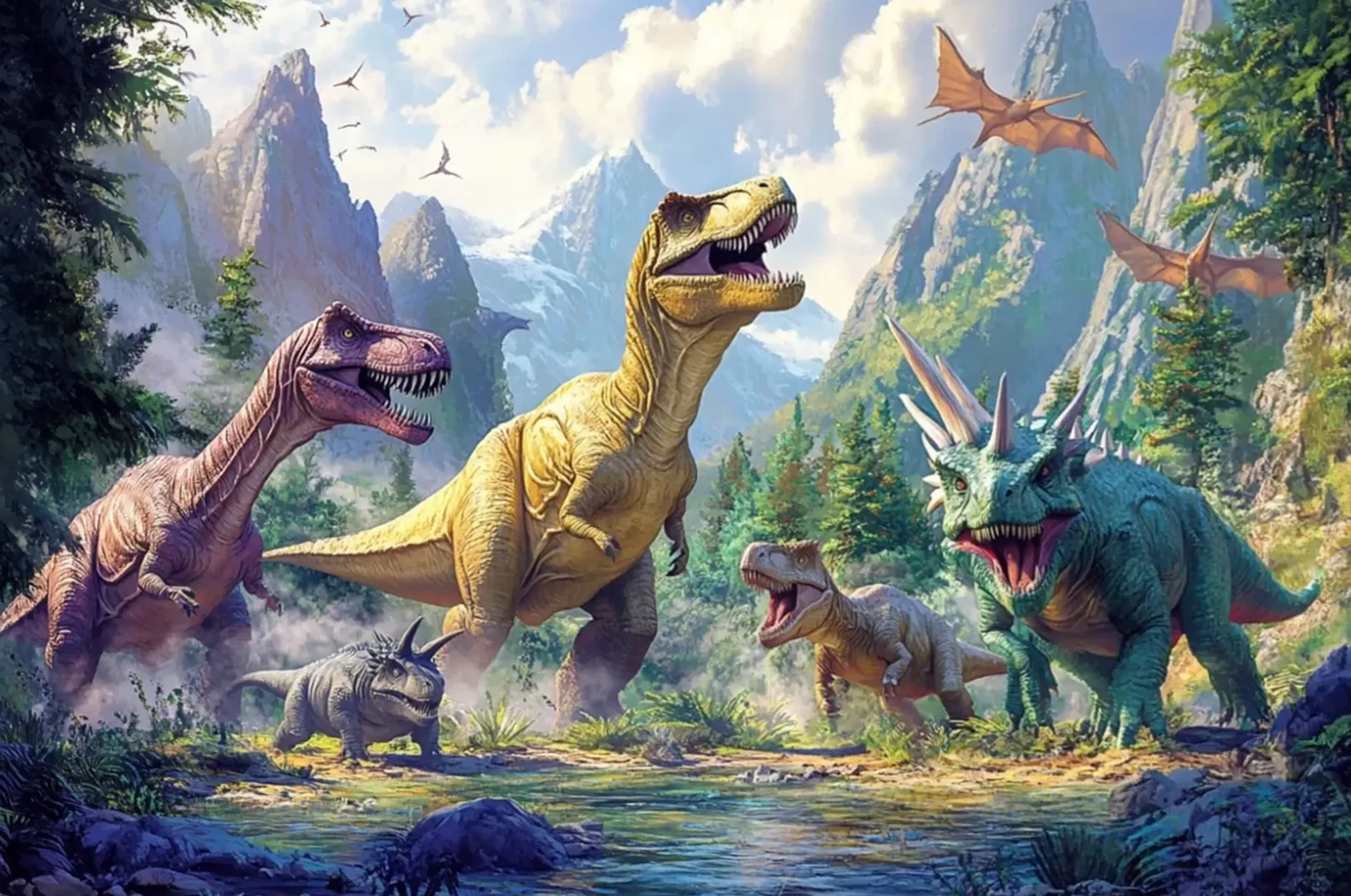 Mehrere Dinos stehen an einem Gewässer vor hohen Bergen, während Flugsaurier über das Tal fliegen.