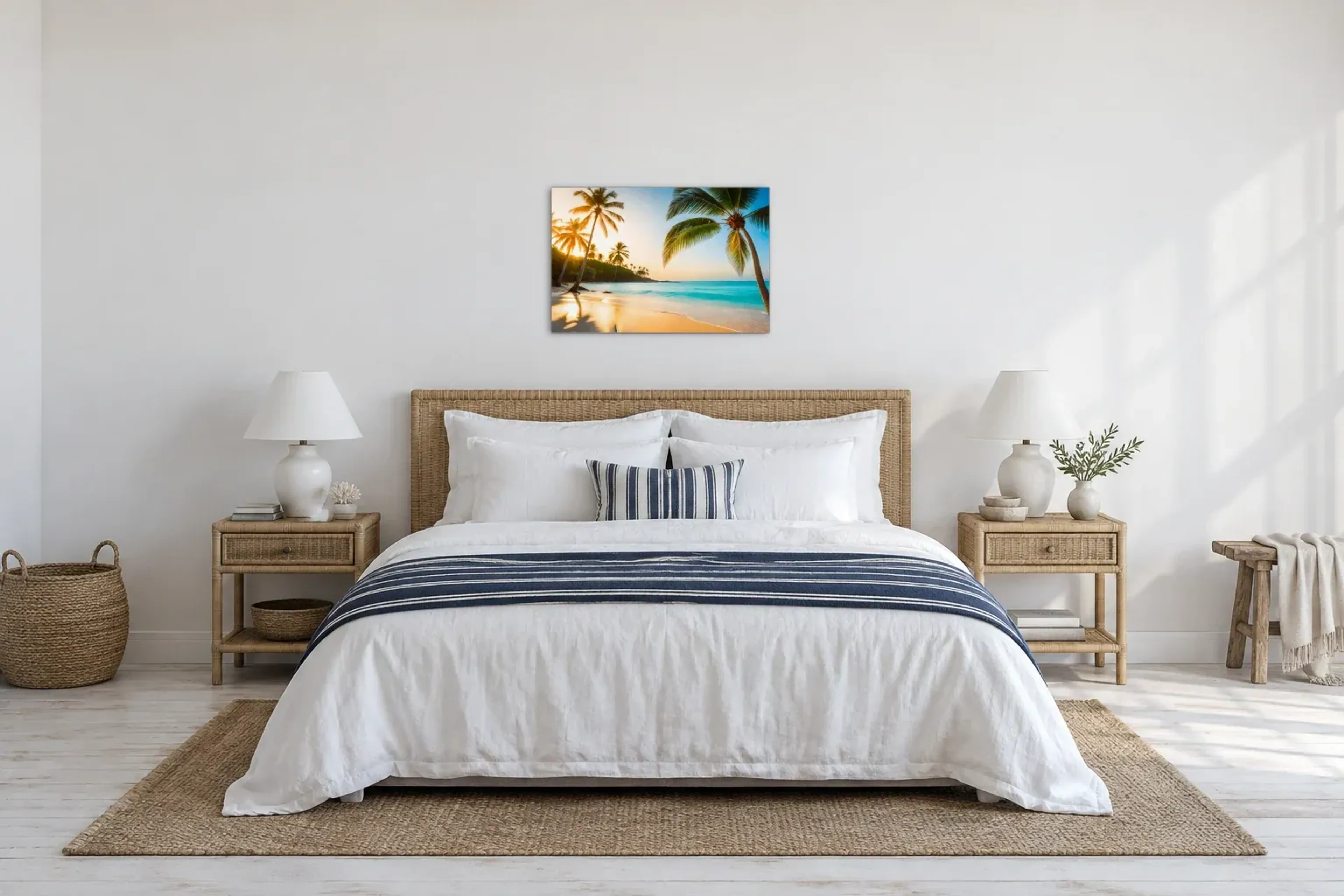 Palmen am Strand als Wandbild über einem 180-cm-Bett