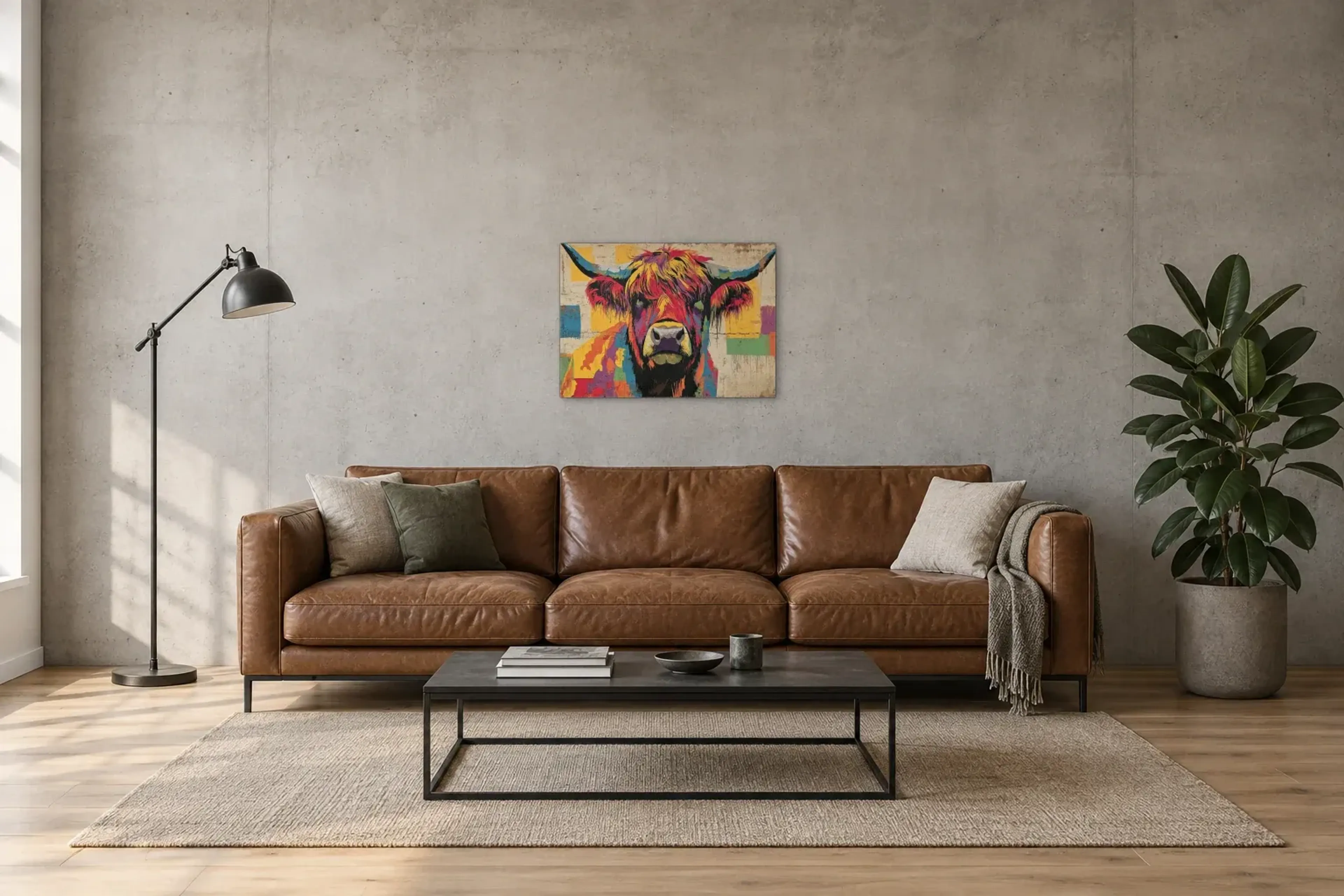 Hochlandrind in Farbexplosion als Wandbild über einem 220-cm-Sofa