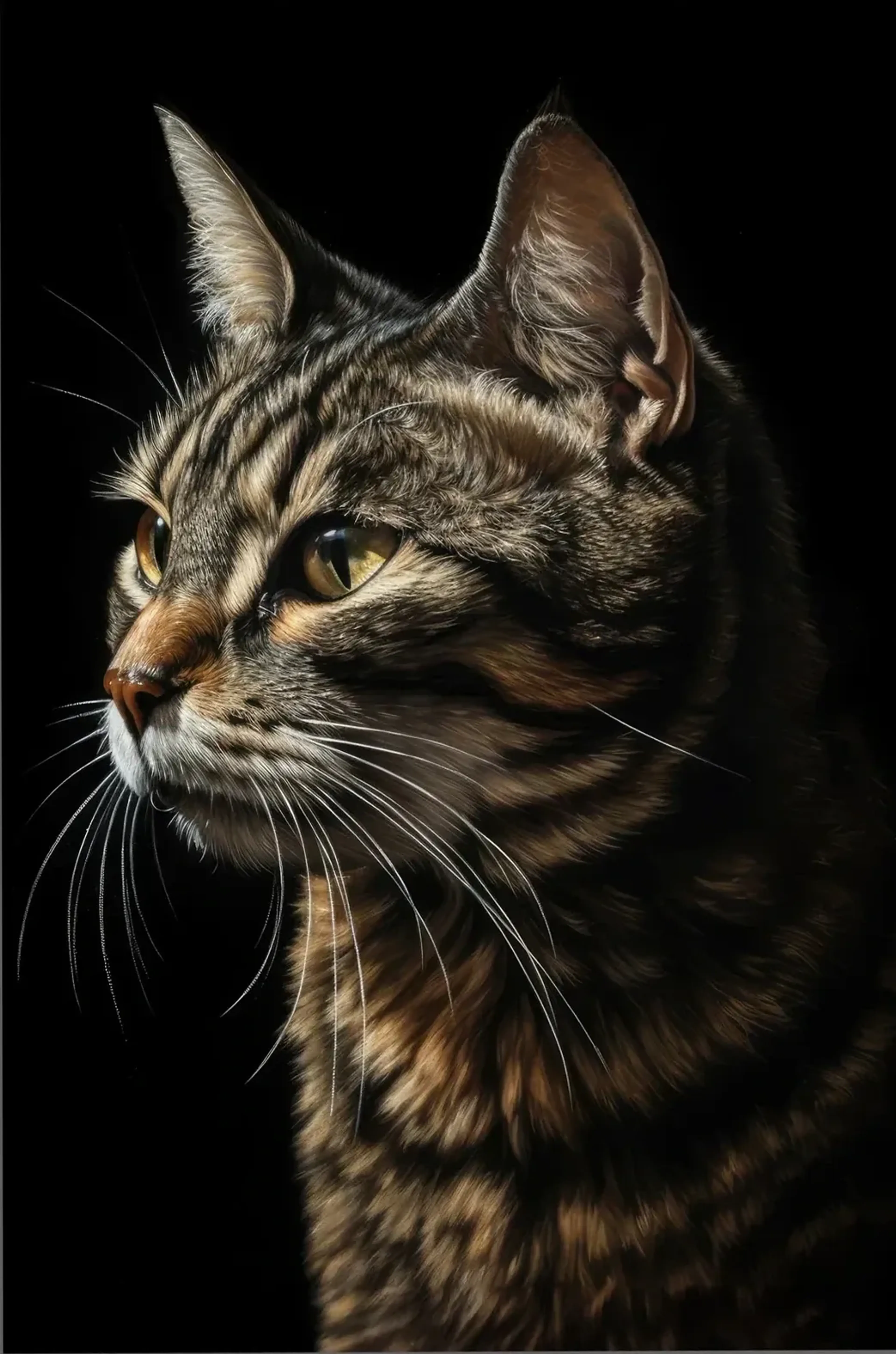 Eine braun getigerte Katze blickt vor schwarzem Hintergrund nach links, Gesicht und Schnurrhaare sind beleuchtet.