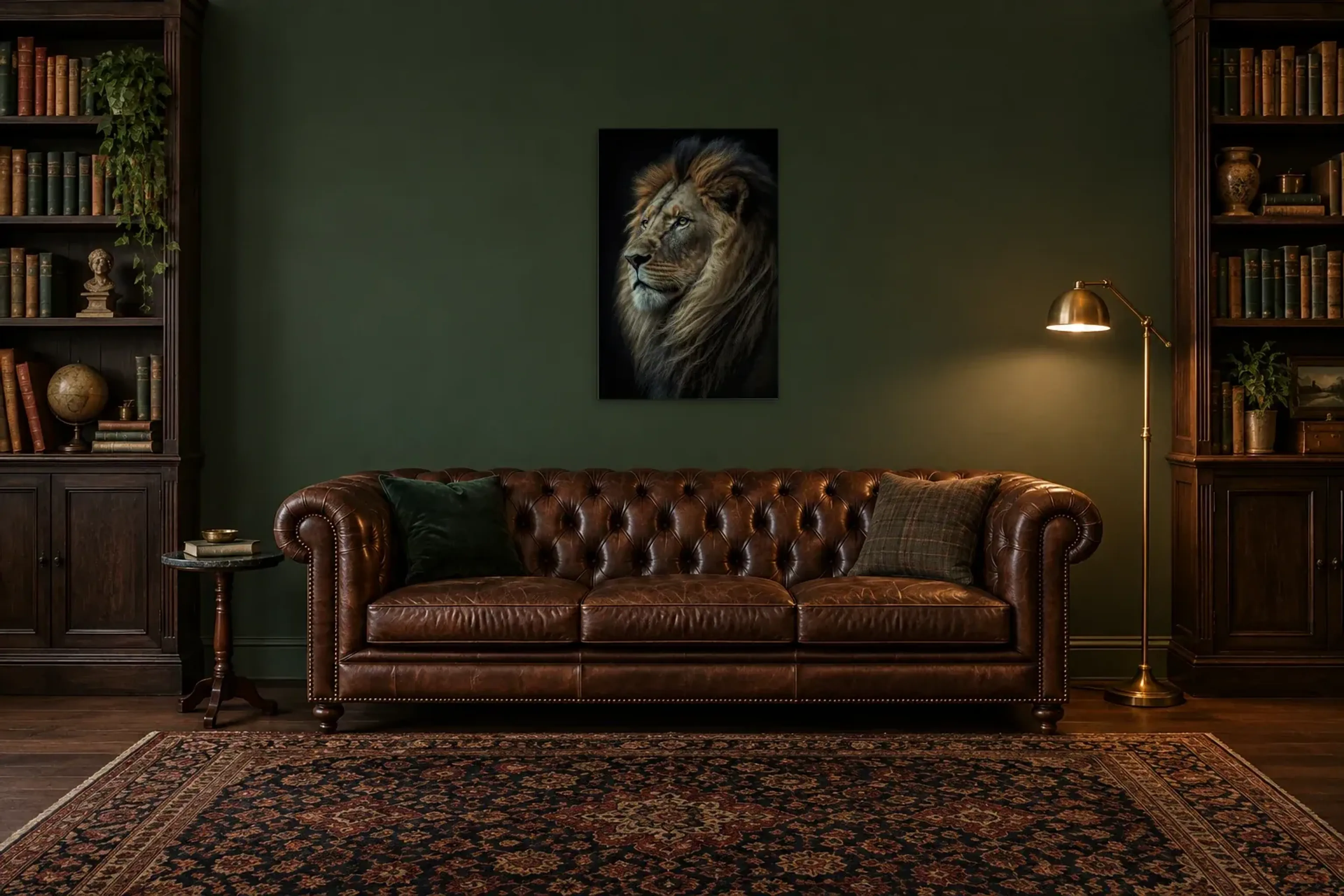Löwe im Halbprofil als Wandbild über einem 200-cm-Chesterfield-Sofa