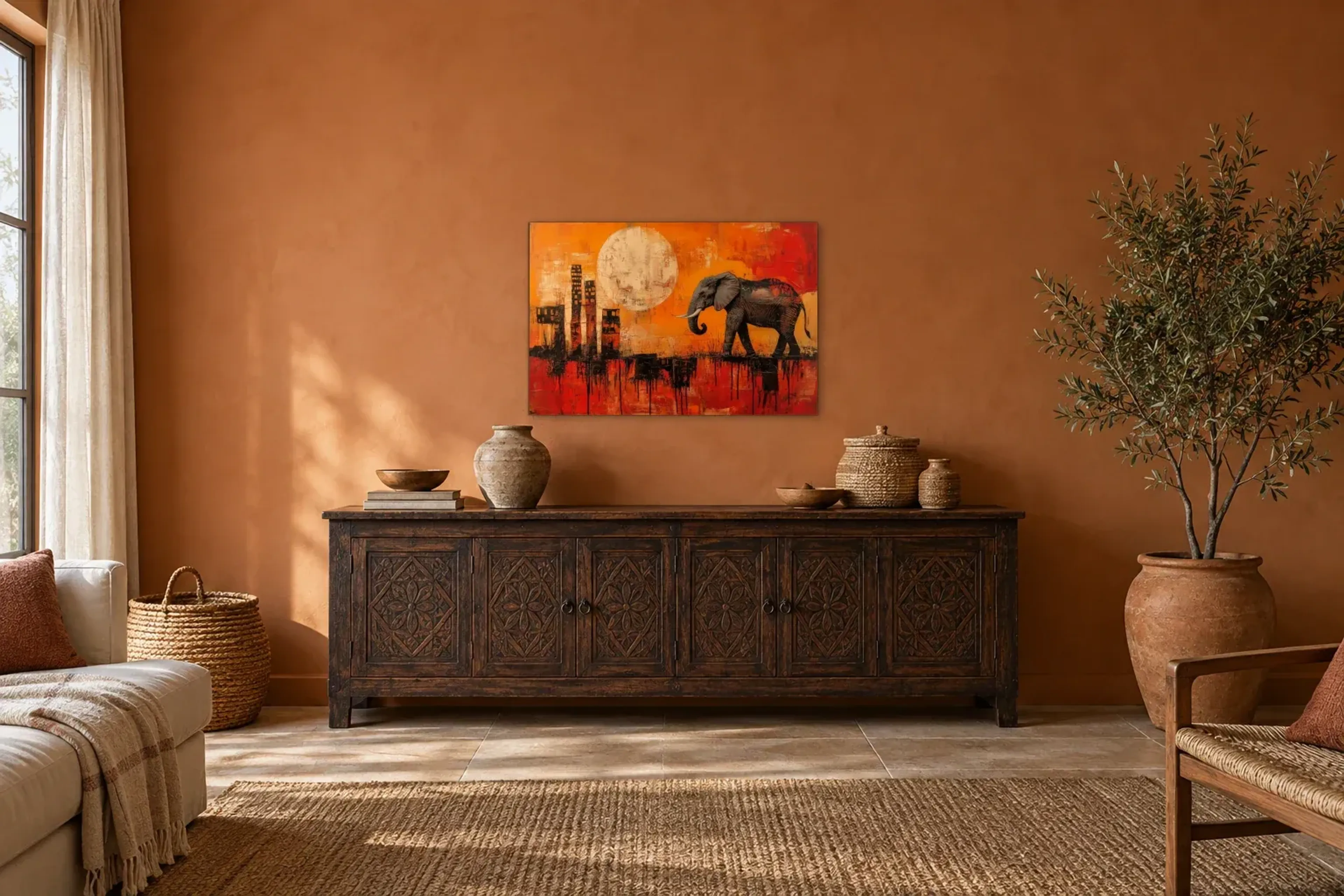 Elefantenpfad als Wandbild über einem 180-cm-Sideboard