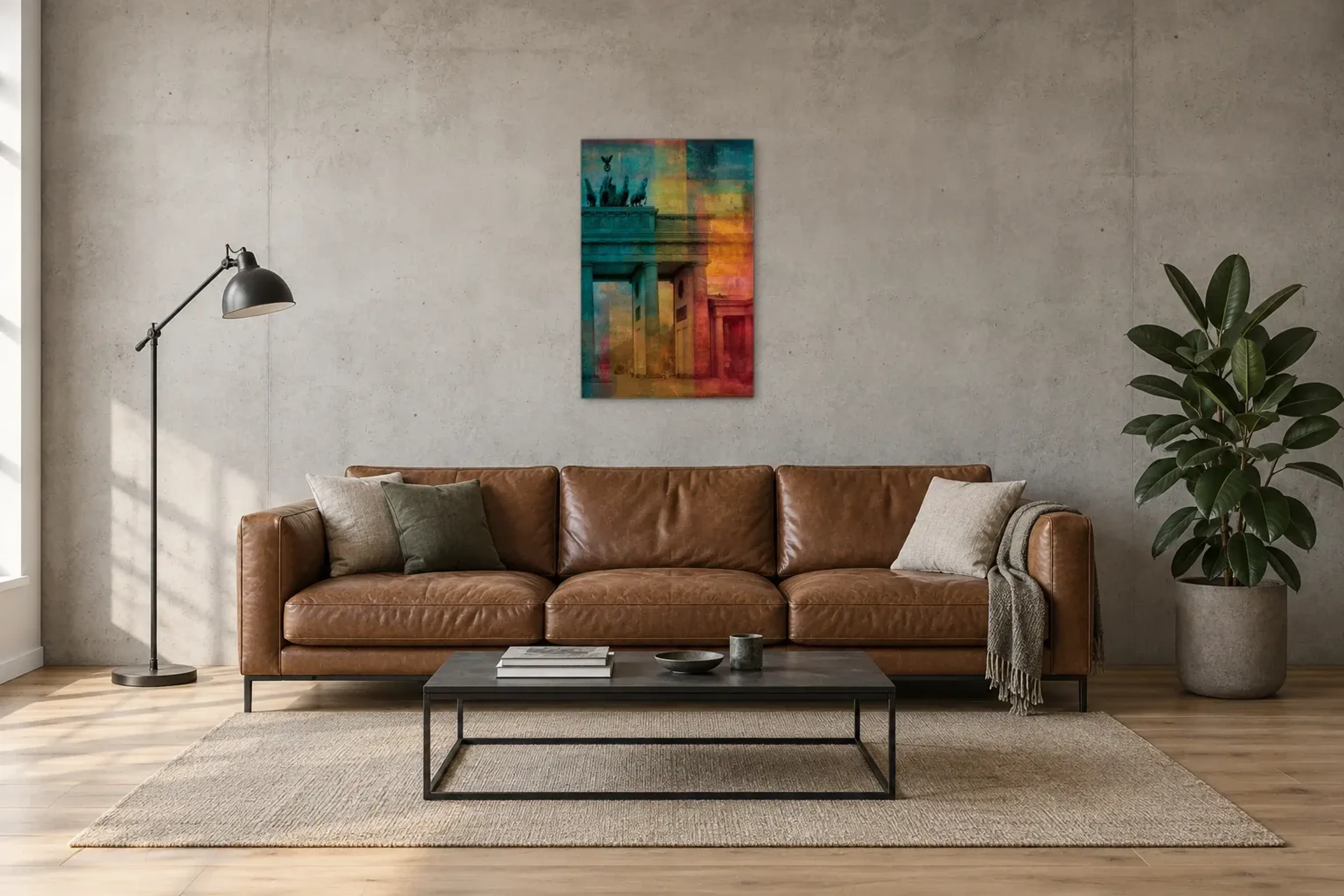Brandenburger Tor im Farbenspiel als Wandbild über einem 220-cm-Sofa