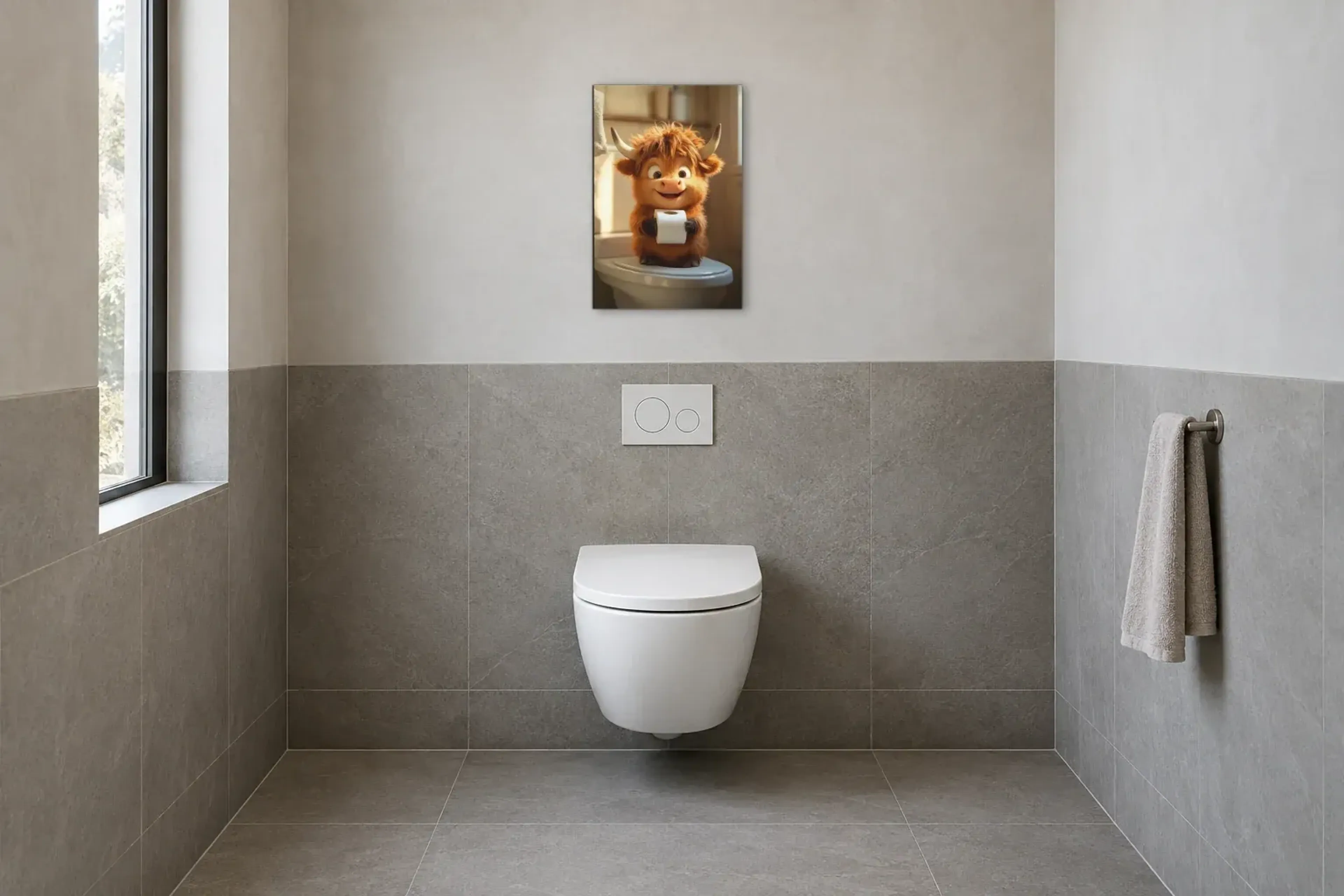 Hochlandrind auf dem Toilettendeckel als Wandbild im Gäste-WC