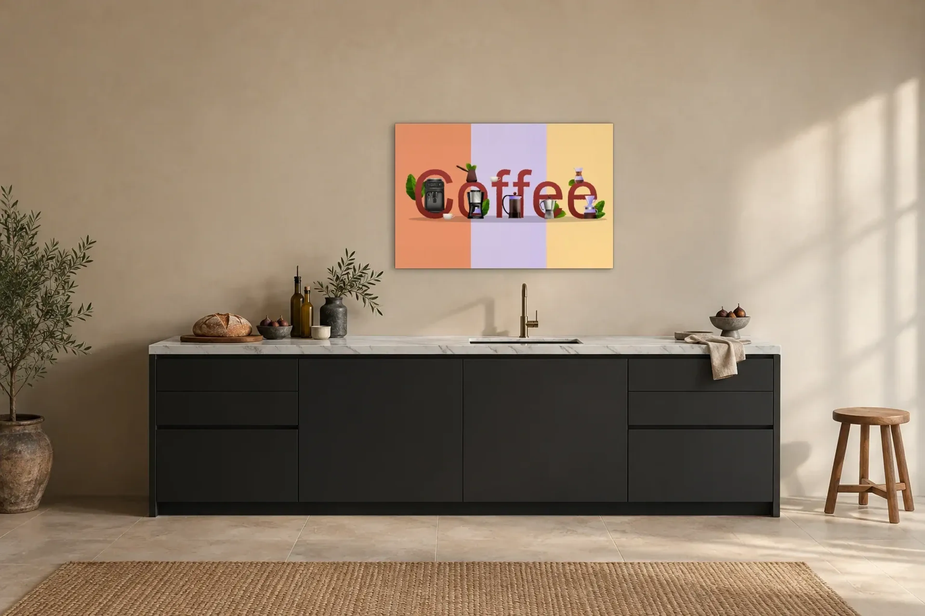 Kaffee Dreifarbig als Wandbild über einer 200-cm-Arbeitsplatte