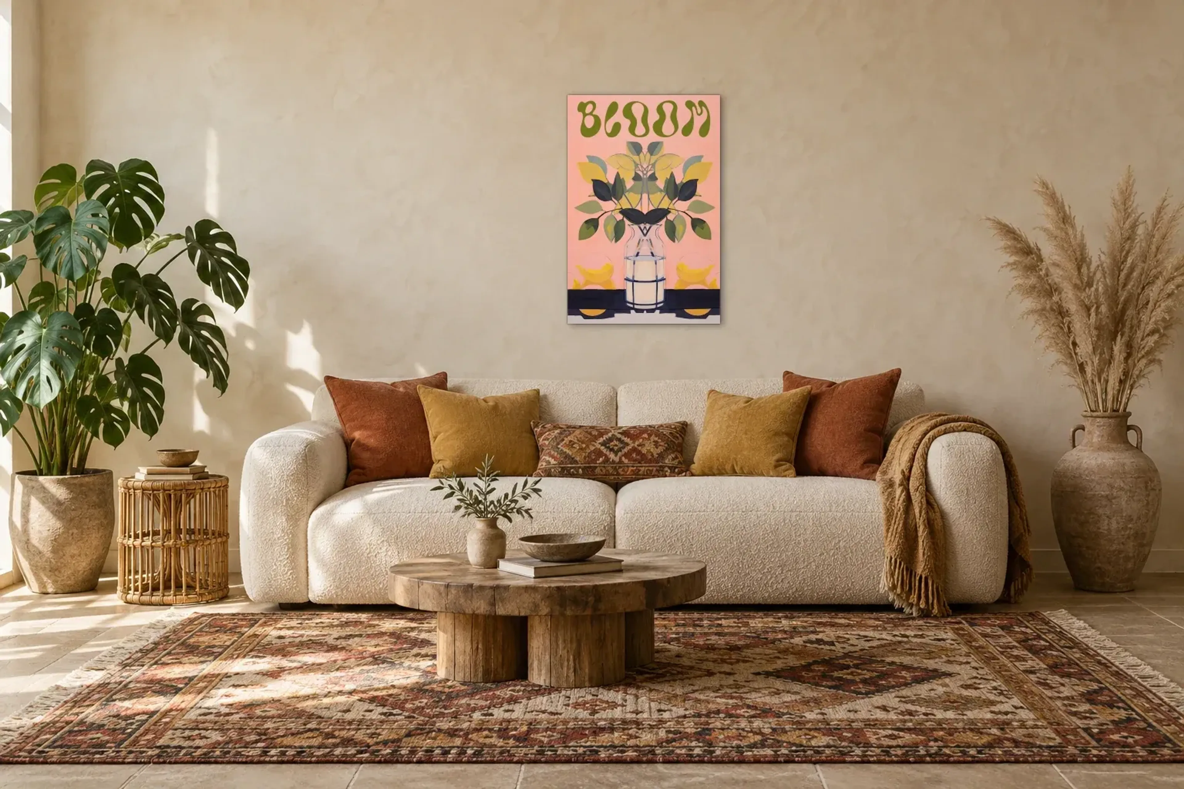 Blattzweige Bloom als Wandbild über einem 220-cm-Sofa
