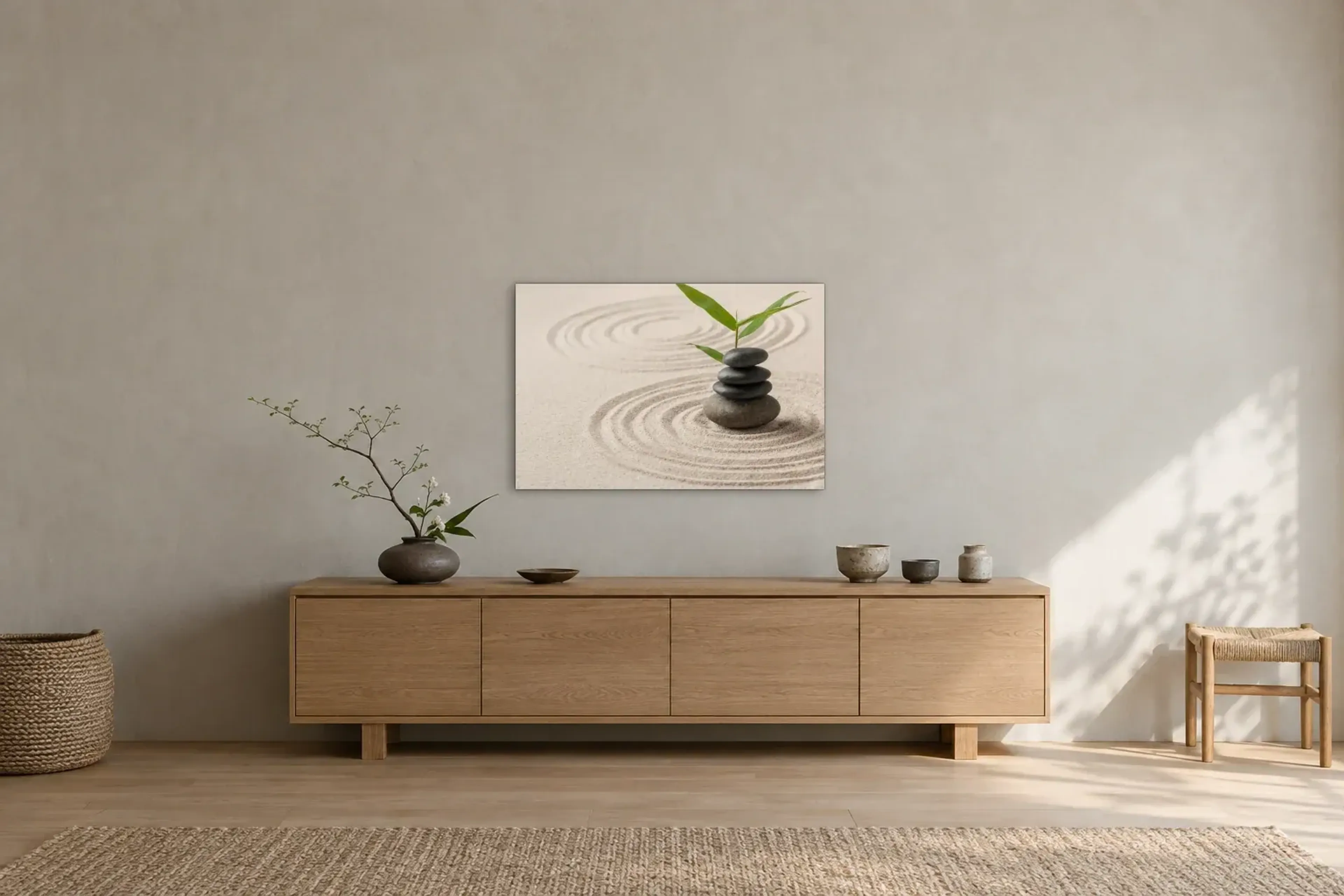 Steine im Sand als Wandbild über einem 180-cm-Sideboard