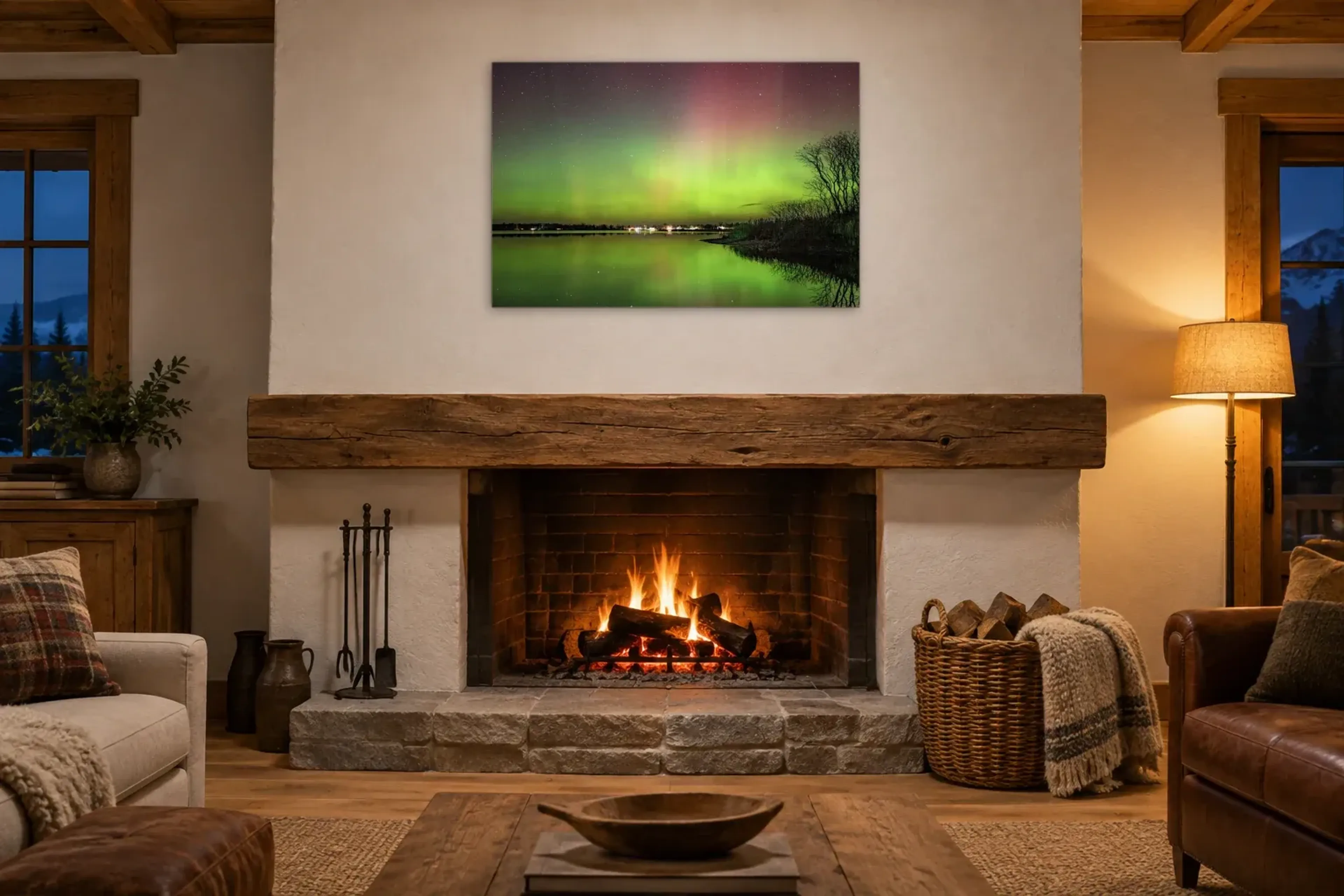 Polarlichter über dem See als Wandbild über einem 180-cm-Kaminsims
