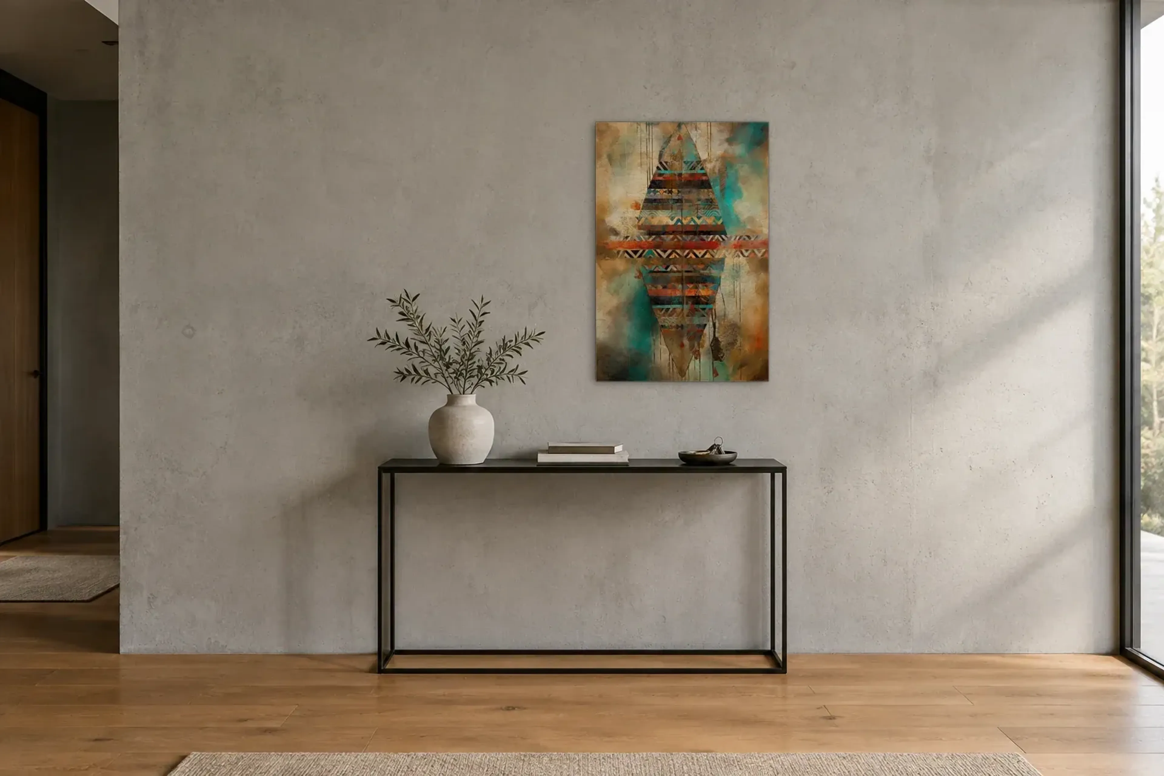 Dreiecke in Türkis und Ocker als Wandbild über einer 120-cm-Konsole