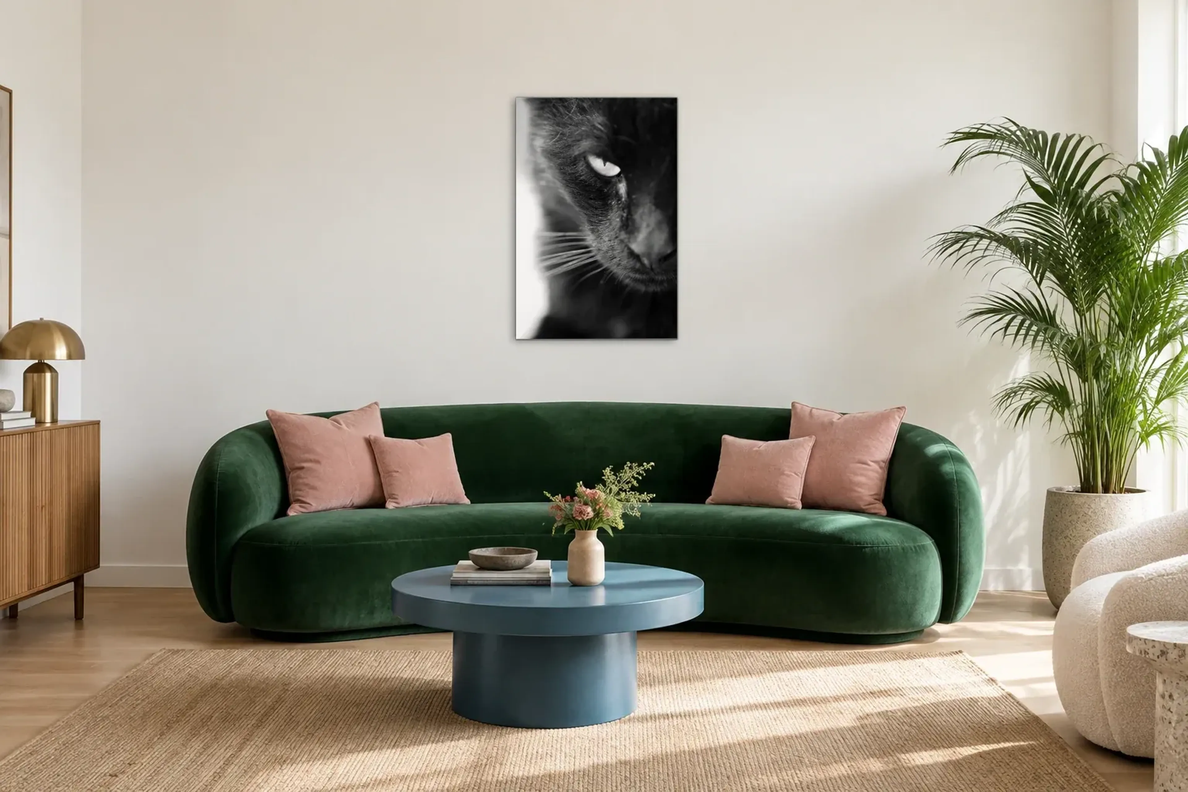 Schwarze Katze als Wandbild über einem 220-cm-Sofa