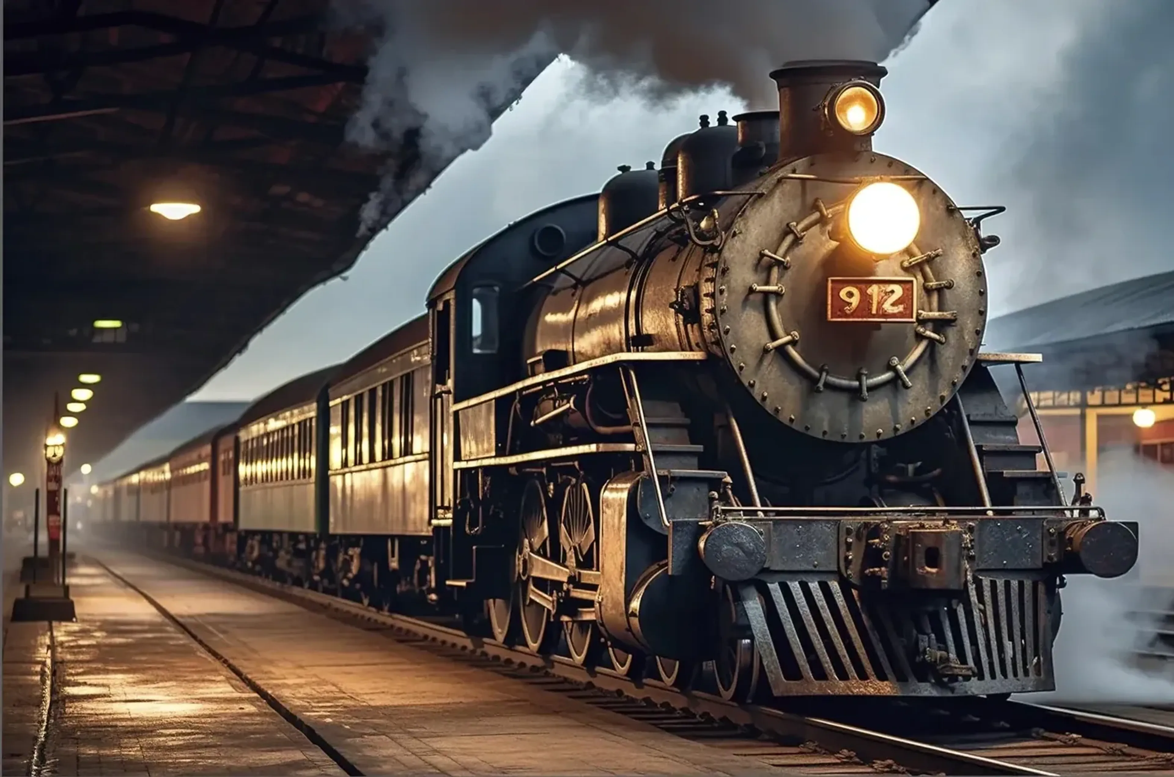 Eine Dampflokomotive mit leuchtenden Frontlampen und Personenwagen steht unter Dampfwolken am Bahnsteig.