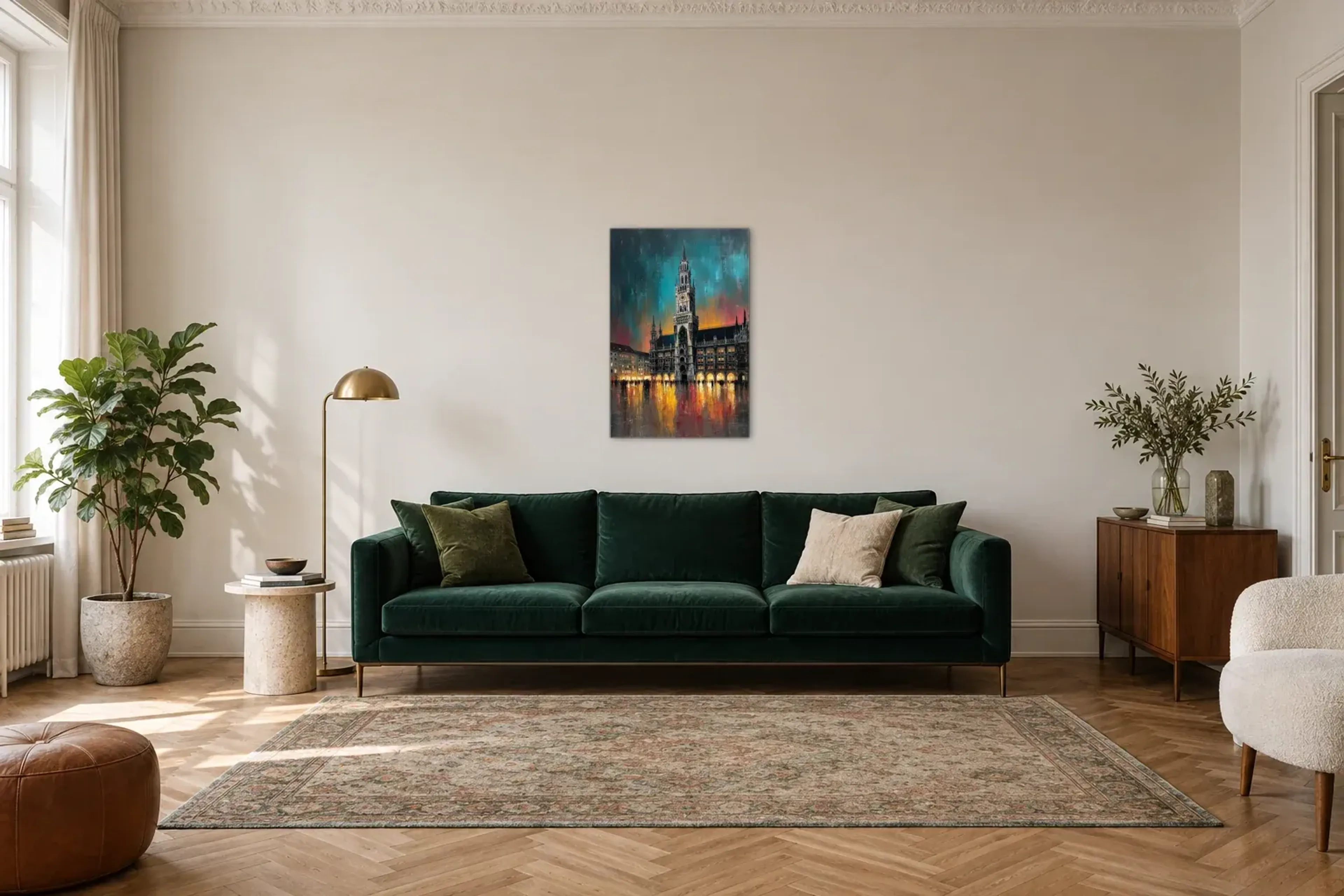 Rathaus im Farbenspiel als Wandbild über einem 220-cm-Sofa