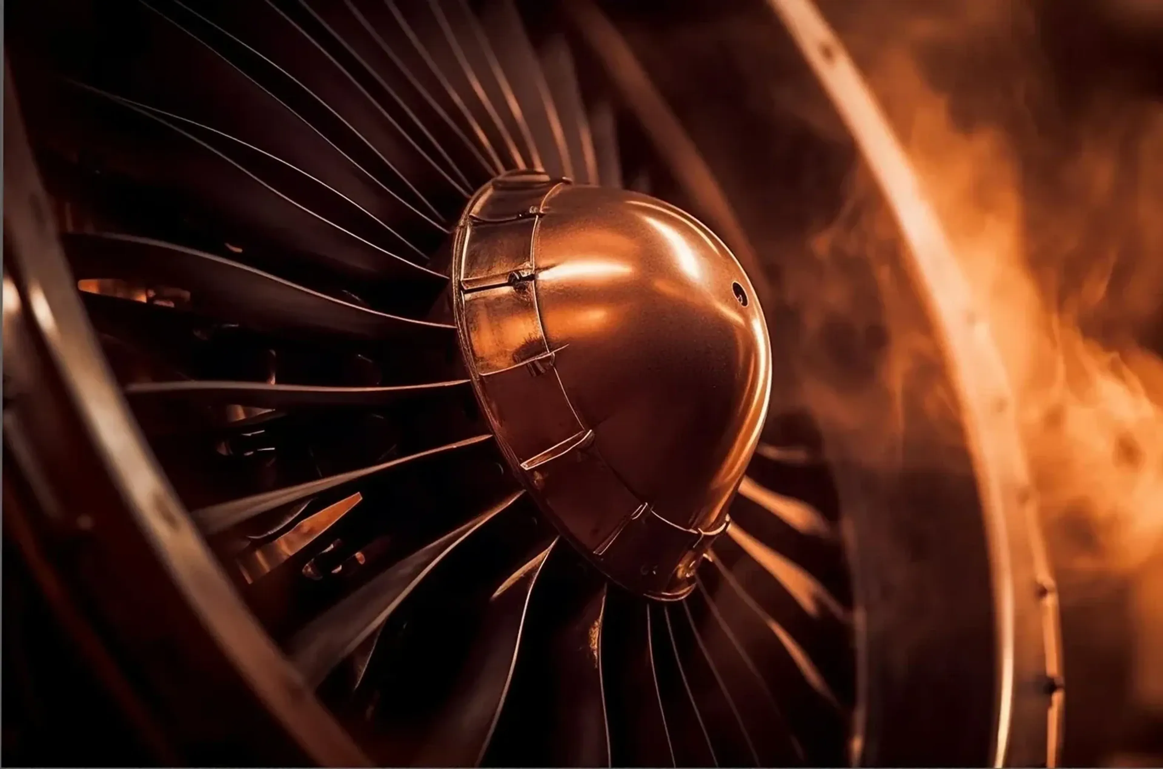 Nahaufnahme eines Flugzeugtriebwerks mit dunklen Schaufeln und orange beleuchteter, metallischer Mitte.