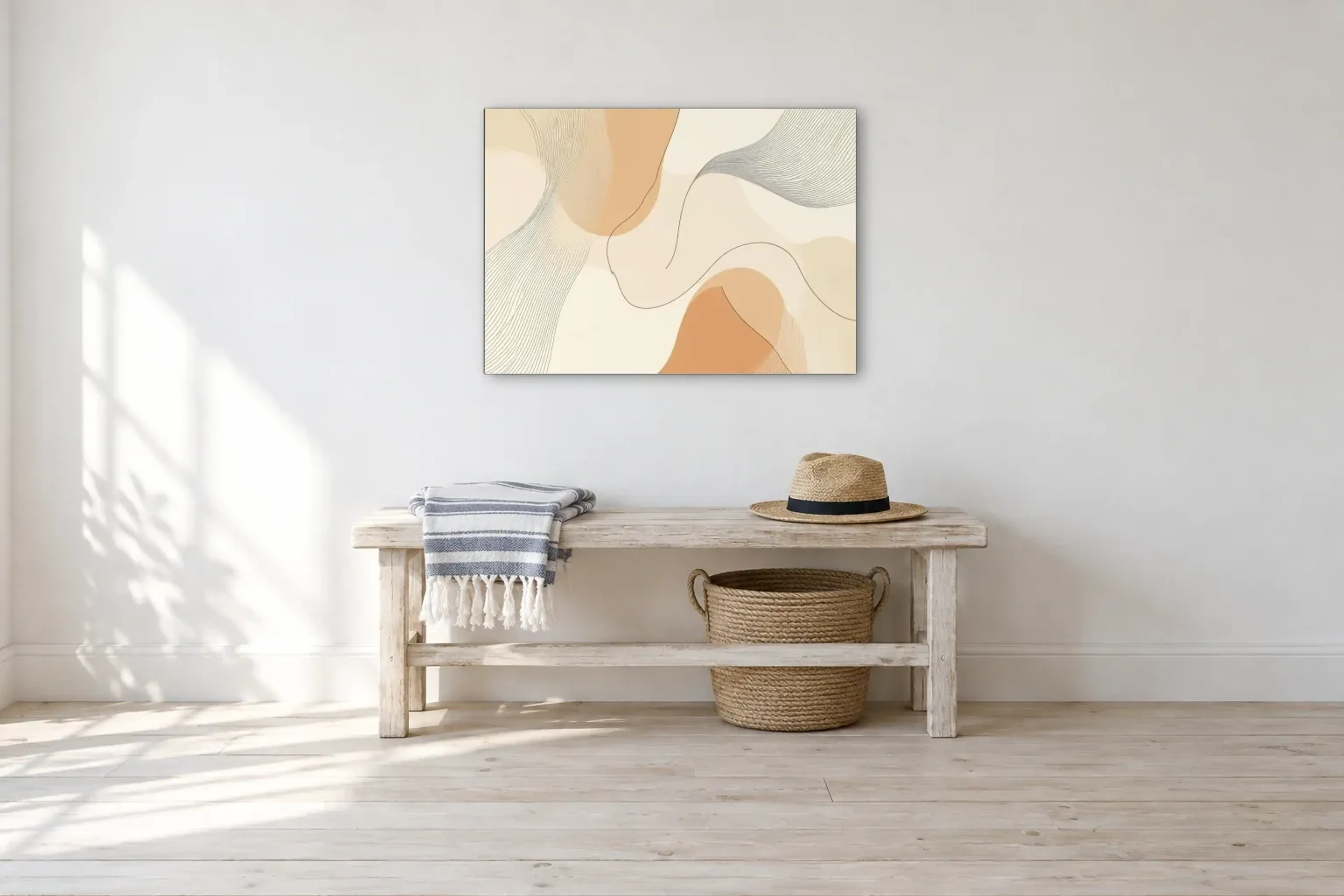 Boho Linien als Wandbild über einer 100-cm-Bank