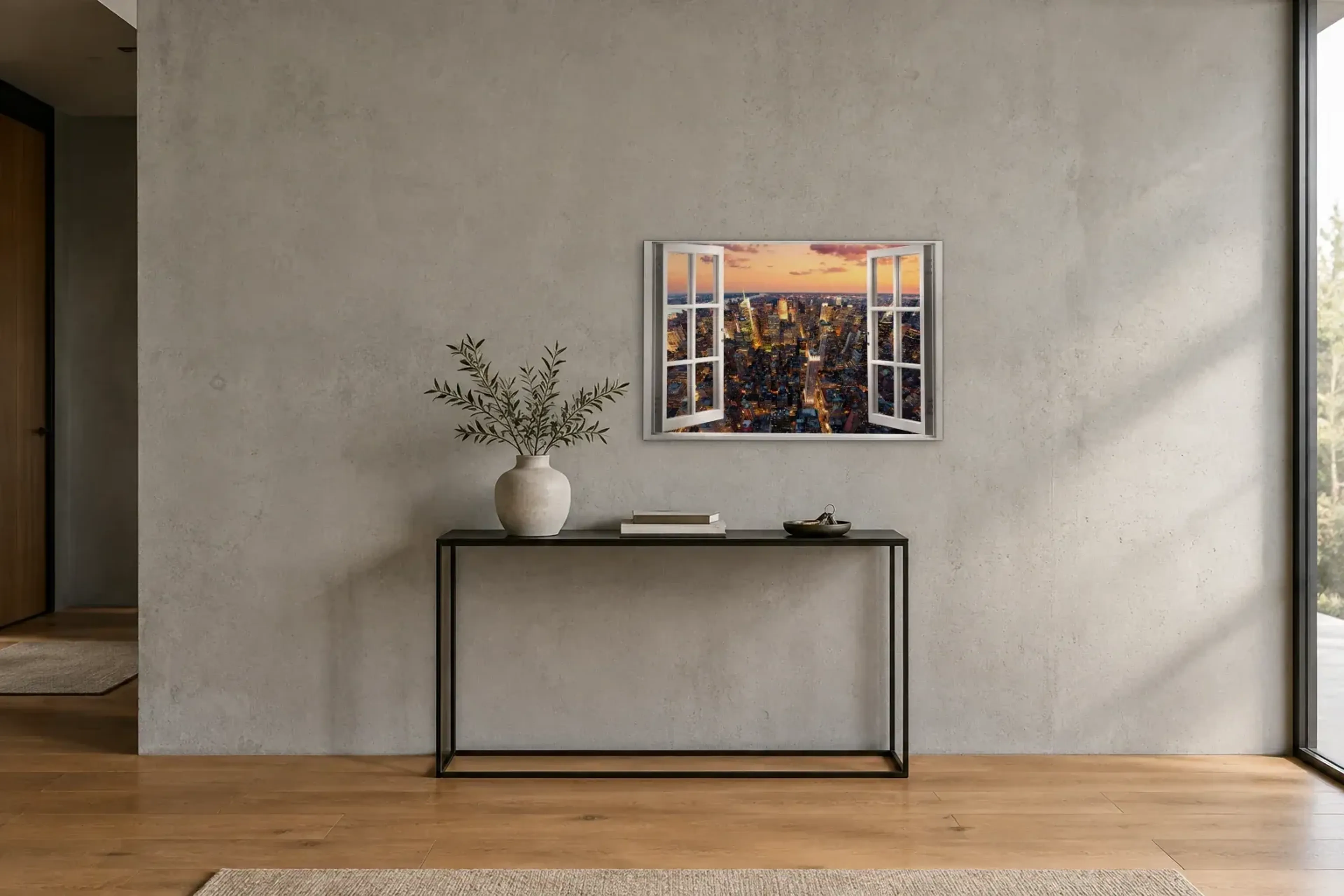NY Skyline als Wandbild über einer 120-cm-Konsole