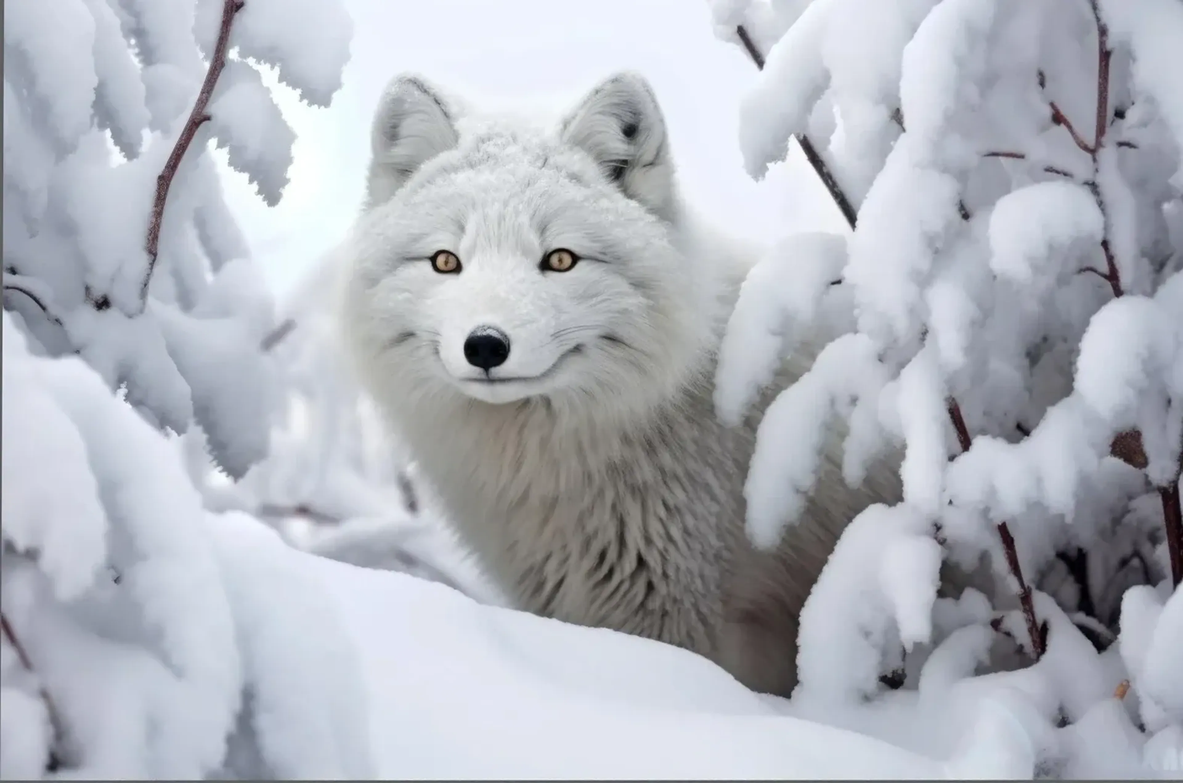 Ein weißer Wolf mit goldbraunen Augen schaut zwischen dicht mit Schnee bedeckten Zweigen hervor.