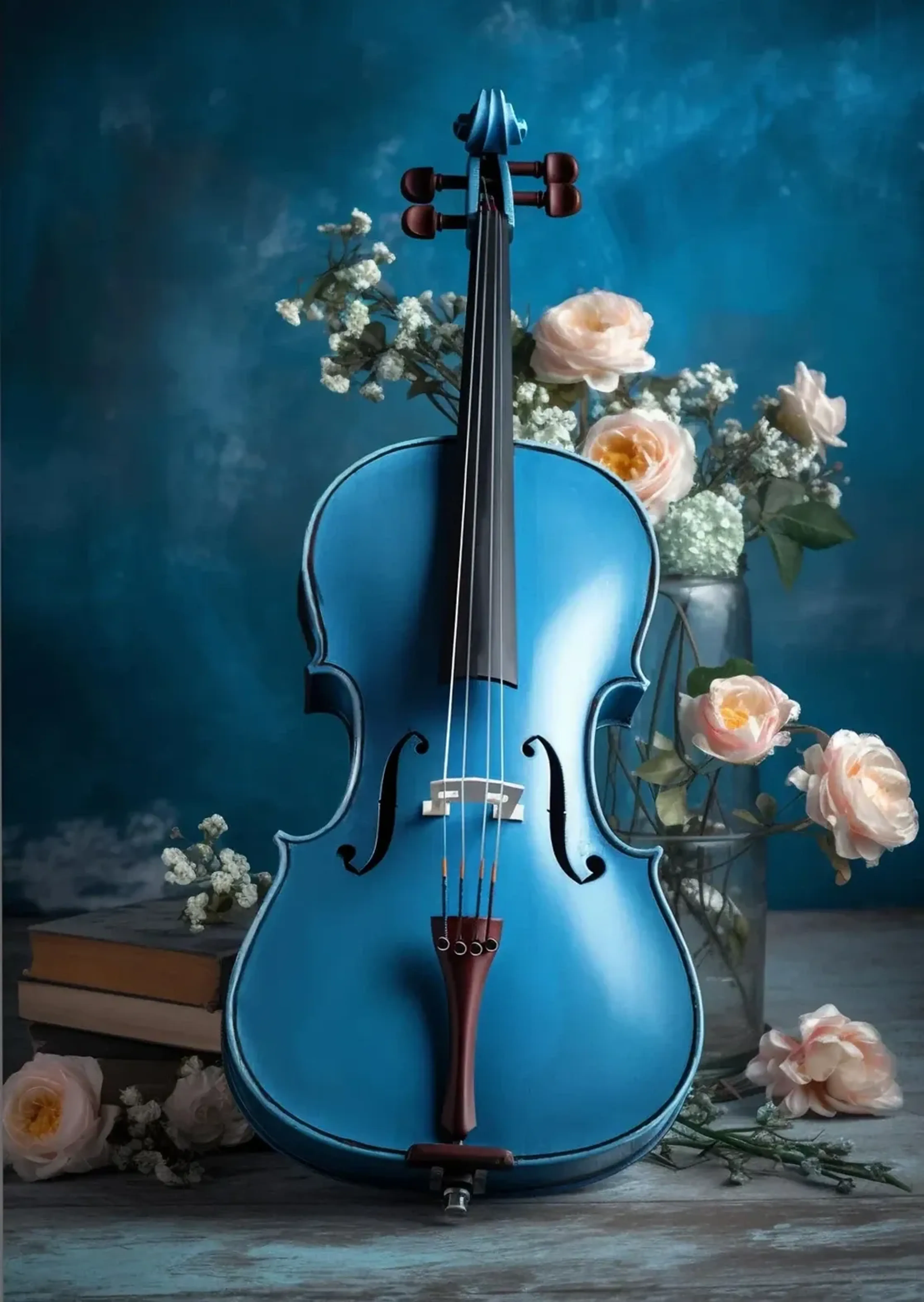 Blaue Geige zwischen hellrosa Blüten, weißen Blumen und Büchern vor petrolblauem Hintergrund.